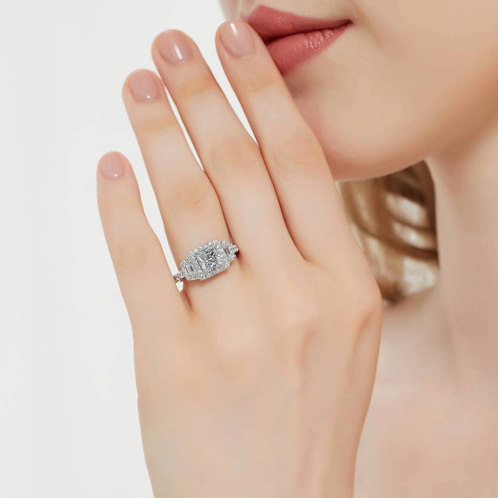 BERRICLE Sterling Silver Halo Wedding & Engagement Ring - 1.2 Carat Princess Cut Cubic Zirconia CZ 3-Stone Ring for Women, Rhodium Plated, Size 4-10 - Perfect for Proposals, Anniversaries & Special Occasions