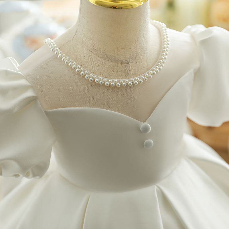 First Communion Dress for Baby Girl - White Lace Beaded Neckline Puffy Christening Gown | Toddler Flower Girl Dress | Perfect for Baptism, Christening & Special Occasions