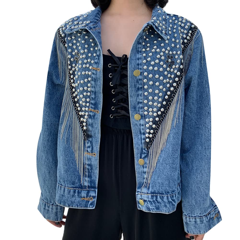 Diffstyle Women's Long Sleeve Embroidered Crystal Washed Denim Jacket - Open Front Short Jean Coat for Casual Outfits & Spring Layering