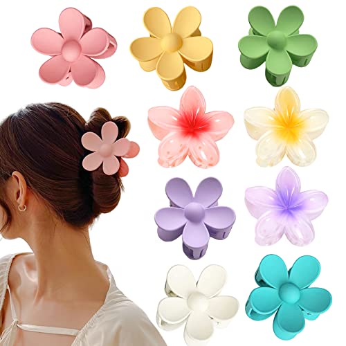 9 PCS Matte Flower Hair Clips for Women - Large Non-Slip Claw Clips, Barrettes & Hair Clamps - Hawaiian Plumeria Design for Thick & Thin Hair - Perfect for Beach, Wedding, Party & Everyday Hair Accessories