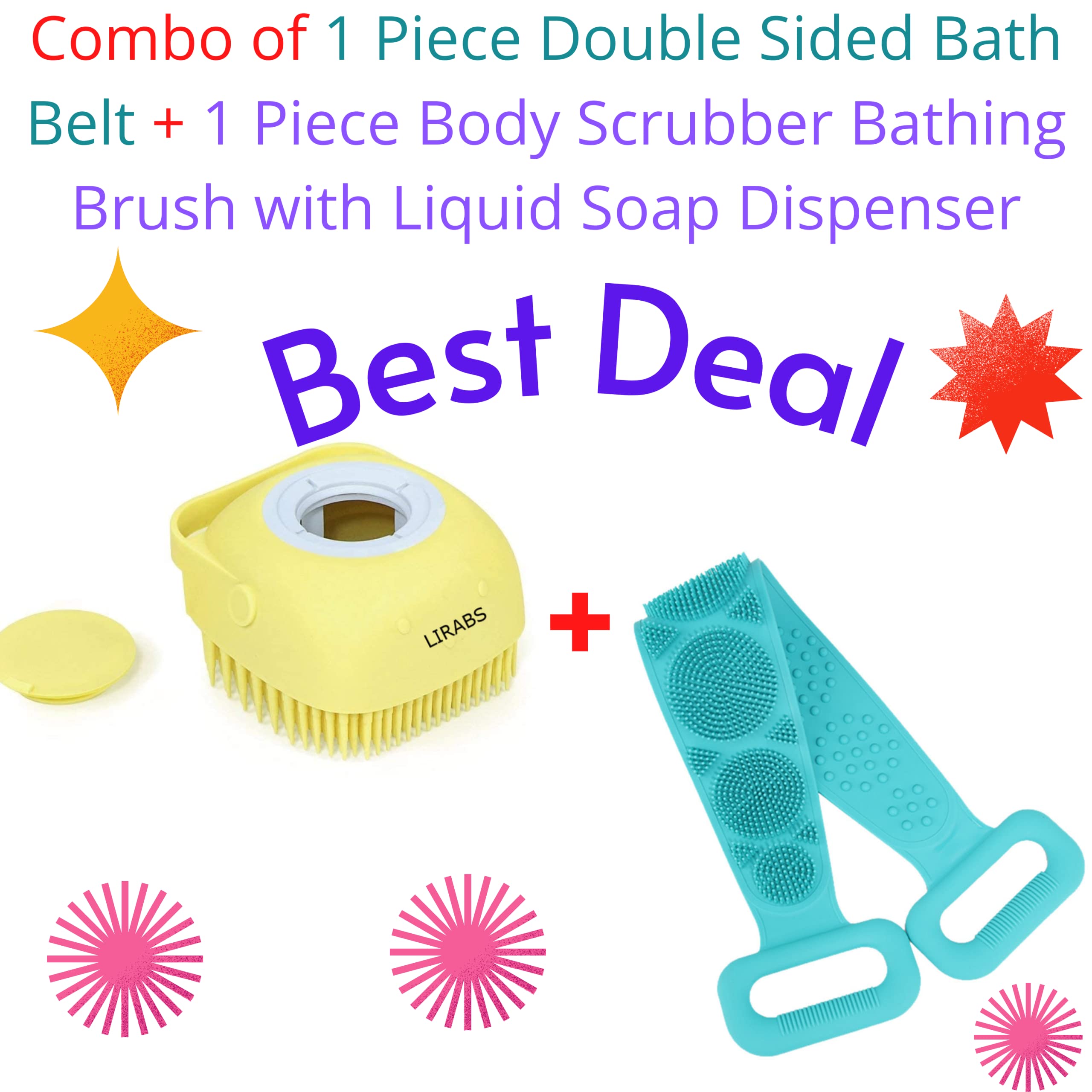 LIRABS Body Scrubber & Bath Belt Set - Exfoliating Bath Brush with Built-in Soap Dispenser + Dual-Sided Exfoliating Bath Belt for Shower & Spa | Perfect for Deep Cleansing & Skin Renewal