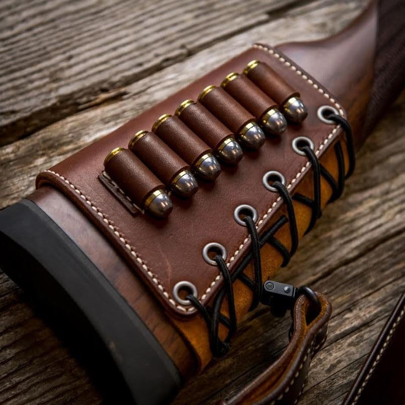 Diamond D Leather Rifle Butt Cuff - 6 Loop Ammo Carrier for 300 Win Mag - Premium Brown Leather Rifle Stock Accessory for Hunting & Shooting Sports