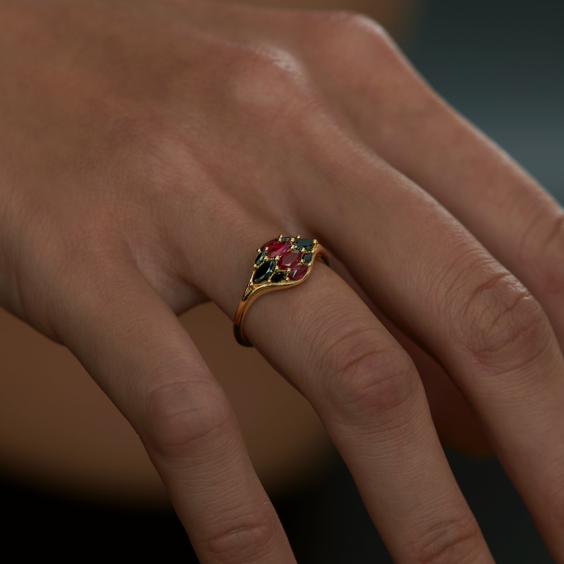 Exquisite Marquise Ruby & Black Diamond Dome Ring for Women | Vintage Inspired Jewelry | Perfect for Engagement, Anniversary & Special Occasions