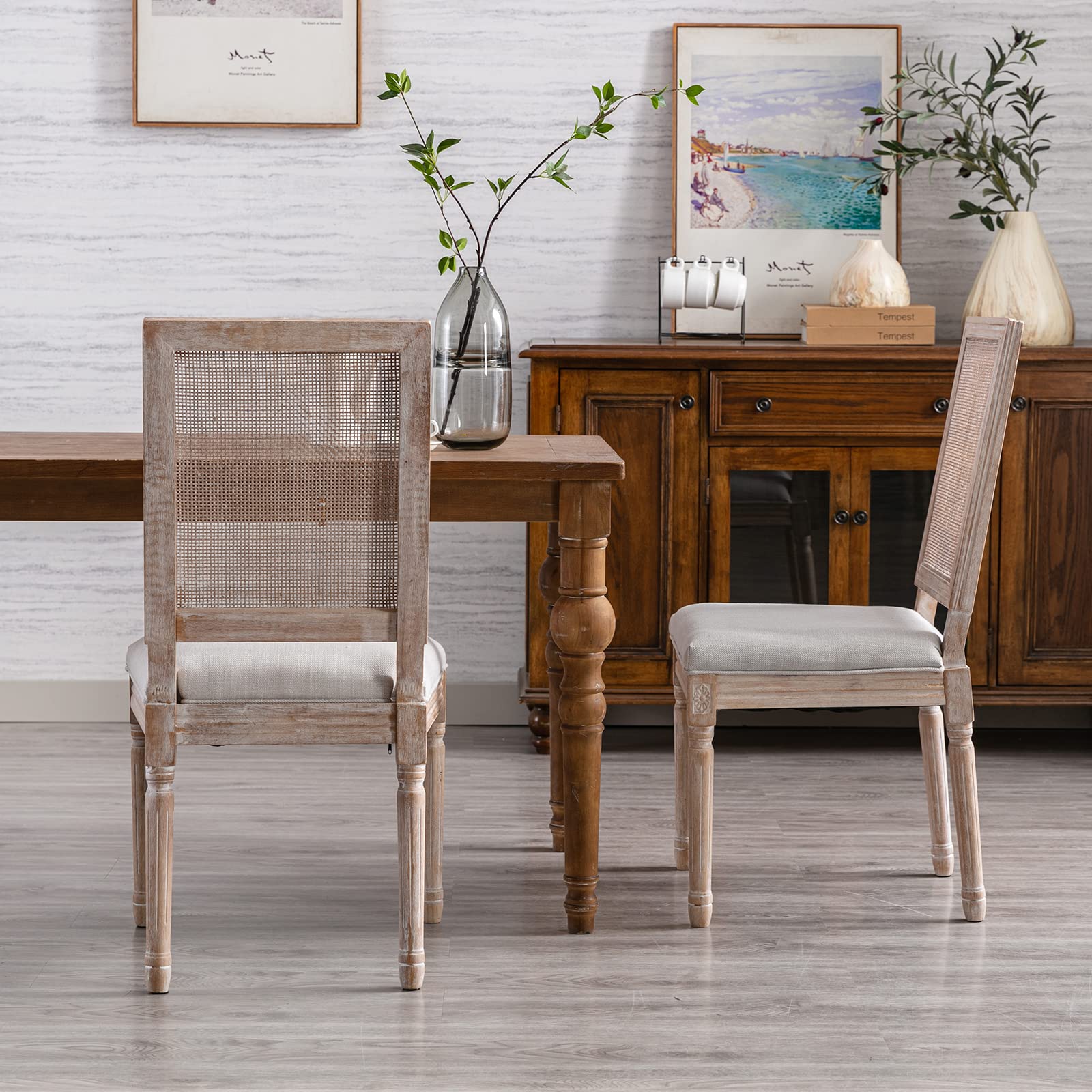 Guyou Farmhouse Dining Chairs Set of 2 - Upholstered Rattan Back French Country Accent Chairs with Distressed Wood Frame for Kitchen, Dining Room & Living Room - Beige Countryside Decor for Cozy Home & Restaurant Use