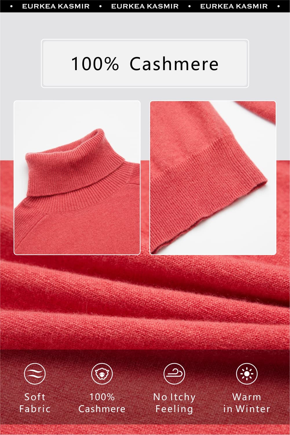 EURKEA 100% Cashmere Women's Turtleneck Sweater - Soft Long Sleeve Winter Pullover Top for Women | Perfect Gift for Christmas, Birthday & Office Wear
