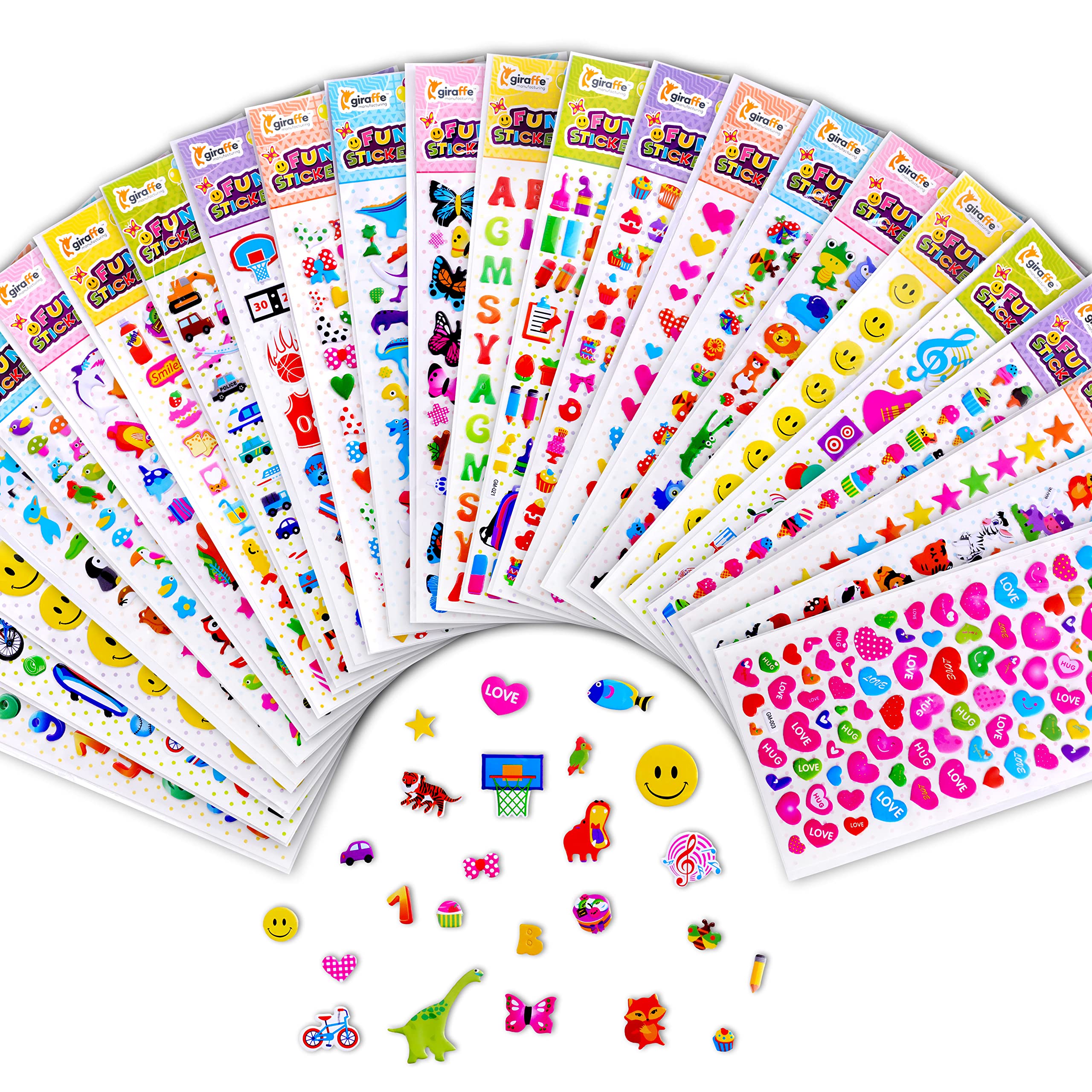 Giraffe Manufacturing 3D Puffy Stickers for Kids - Bulk Pack of 1650 Small Stickers Featuring Cars, Animals & More - Perfect for Scrapbooking, DIY Crafts & Classroom Activities | Fun Educational Stickers for Toddlers & Preschoolers