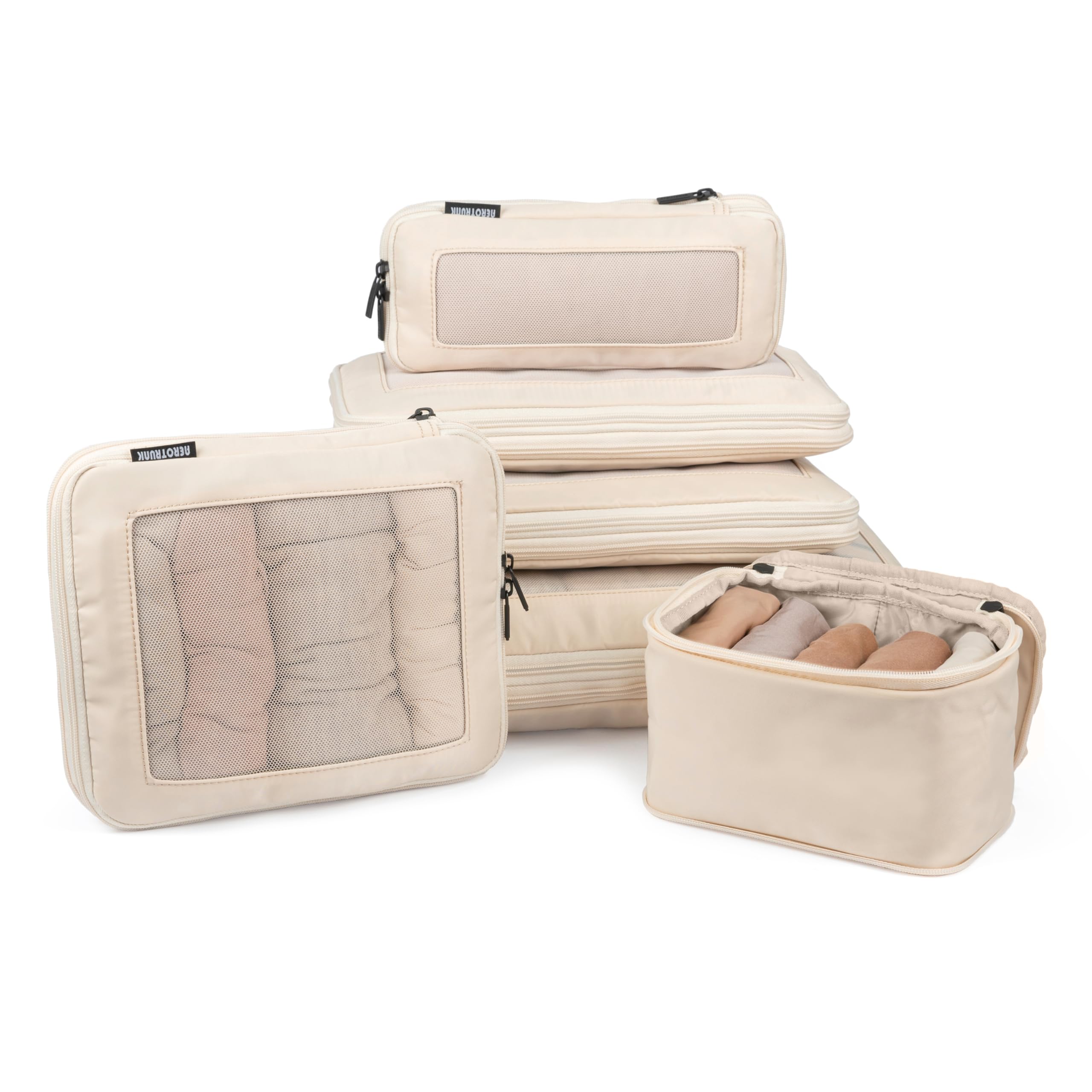 Premium 6-Pack Beige Compression Packing Cubes for Travel - Space Saving Luggage Organizer Bags with Double Zipper - Perfect for Suitcases, Backpacks & Carry-Ons - Ideal for Business Trips, Vacations & Weekend Getaways