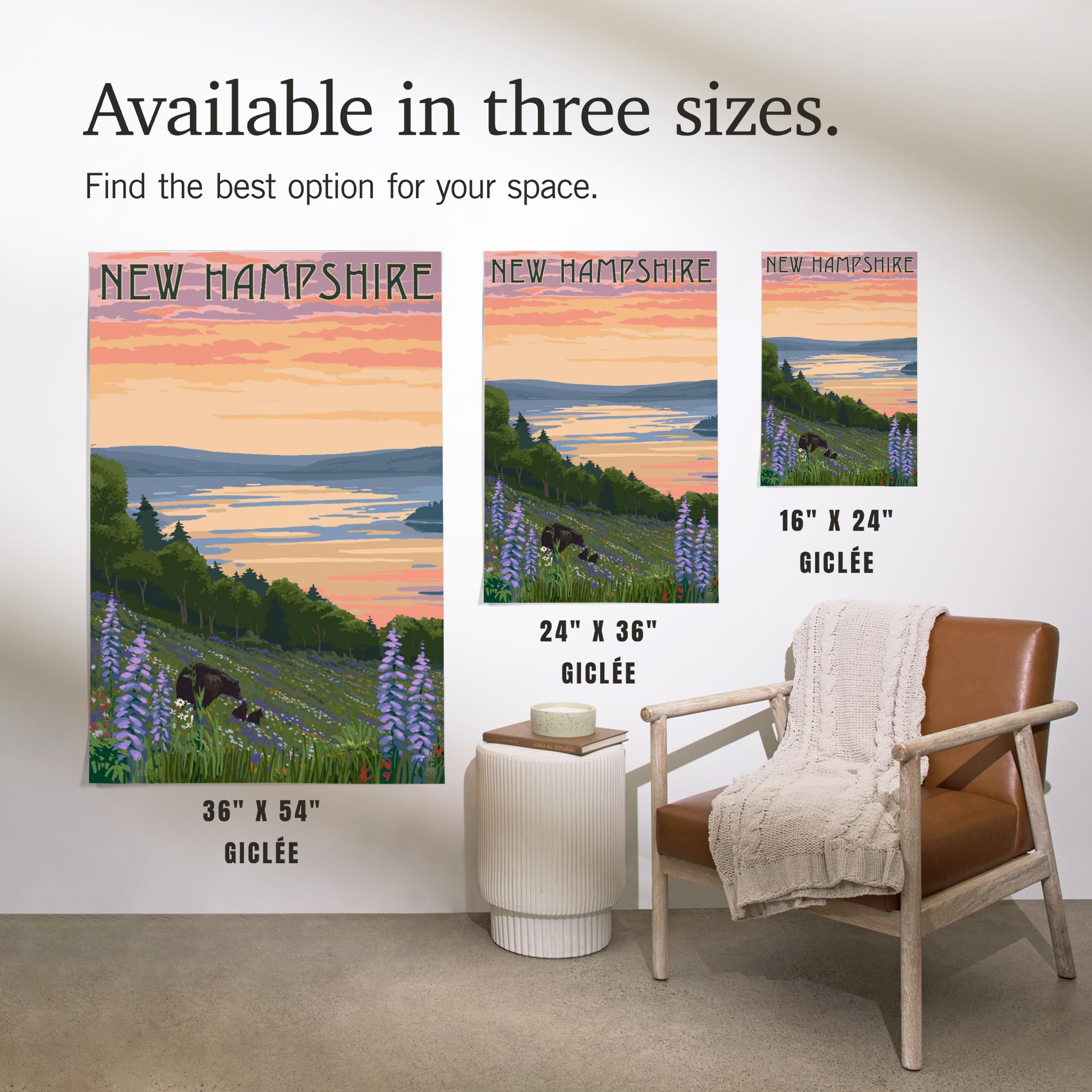 Lantern Press 16x24 Inch Giclee Art Print - New Hampshire Lake Landscape with Bear Family - Wall Decor for Living Room, Bedroom & Office