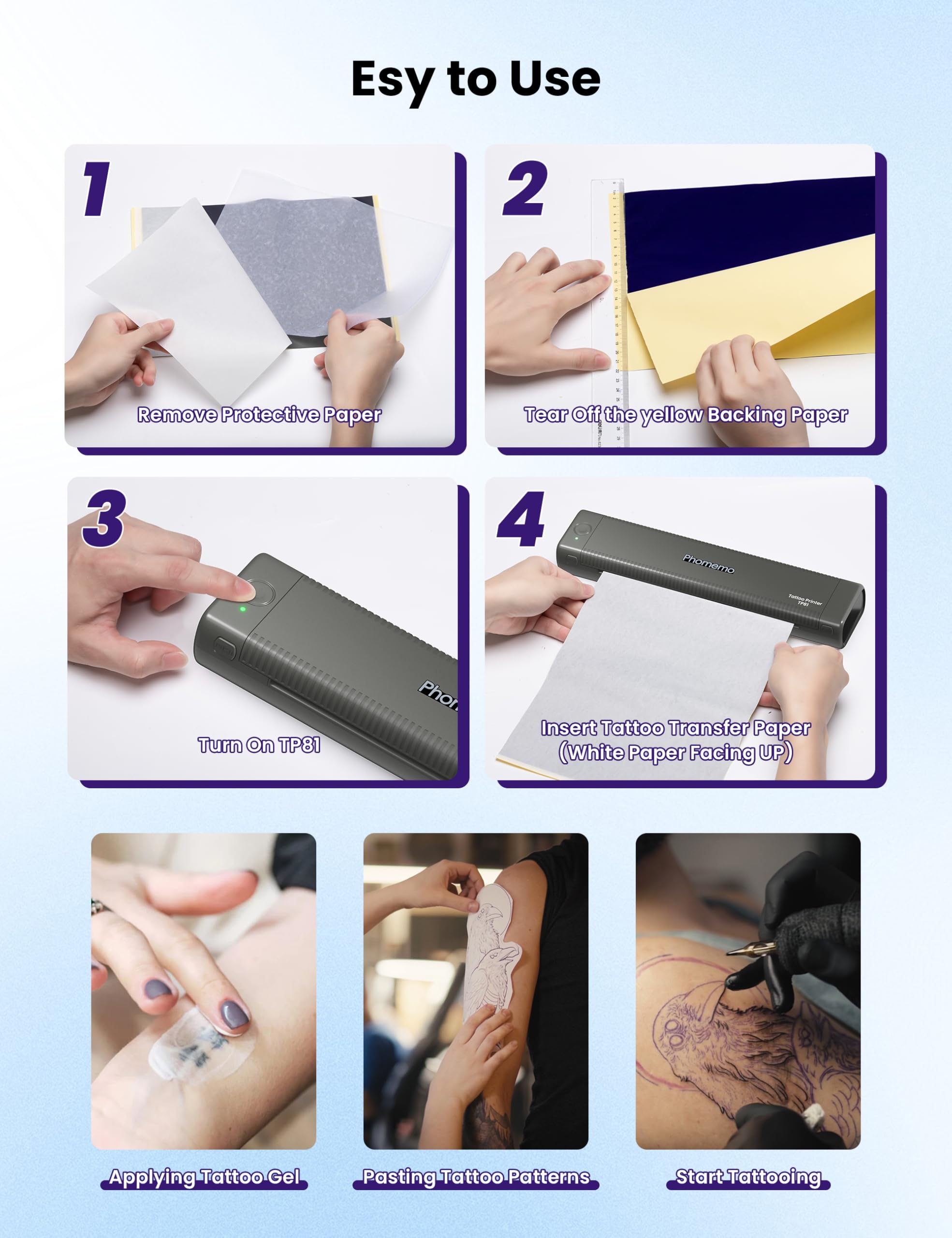Phomemo TP81 Wireless Tattoo Stencil Printer with 10 Transfer Papers - Portable Tattoo Machine for Artists & Beginners - Compatible with Tablet, Smartphone & PC (Gray) - Perfect for Tattoo Studios & Home Practice