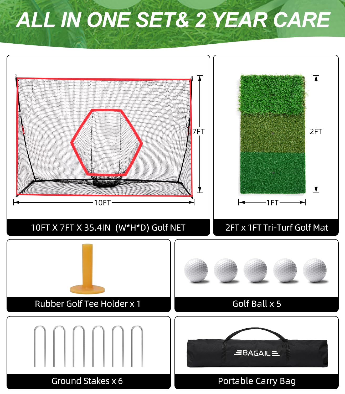 BAGAIL 10x7ft Heavy Duty Golf Practice Net with Tri-Turf Mat & Carry Bag - Portable Golf Training Aid for Driving, Chipping & Hitting - Perfect for Backyard, Outdoor & Indoor Use (G9 Max)