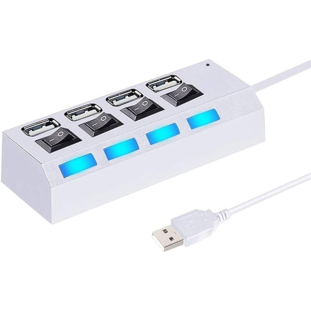 4-Port USB 2.0 Hub with LED Indicators & Power Switches - Portable USB Splitter Adapter for Laptop, PC, Mac - Plug & Play Multi-Port USB Extension Hub for Home Office, Gaming & Travel Accessories