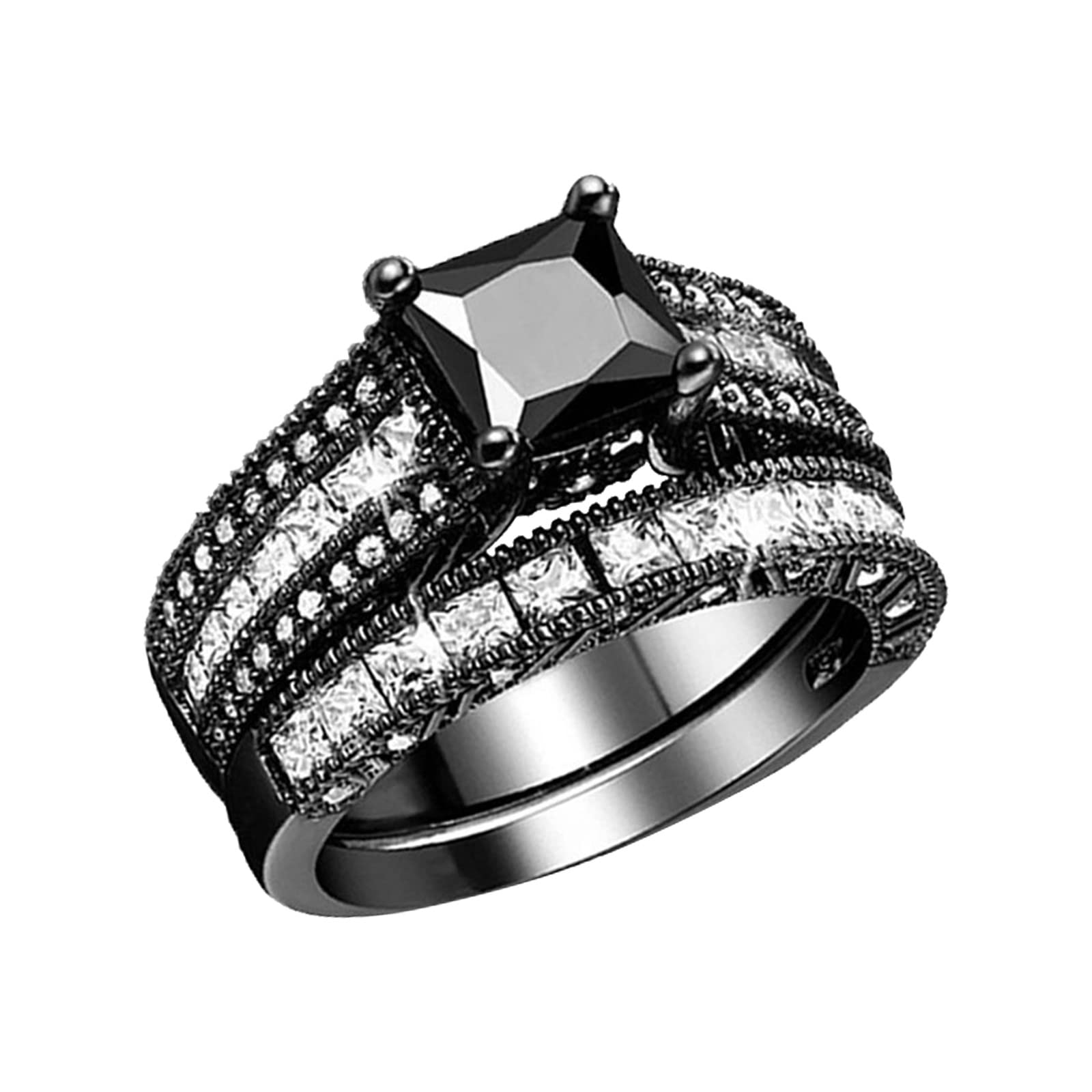 2 in 1 Vintage Black Diamond Engagement & Wedding Ring Set for Women - Real Sterling Silver Band - Perfect for Proposals, Anniversaries & Bridal Jewelry