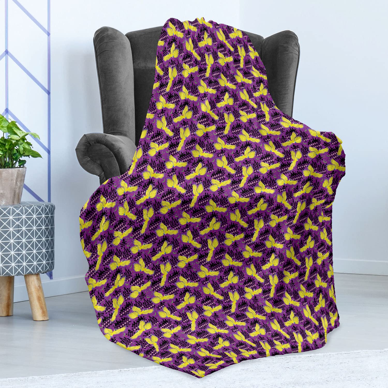 Ambesonne Tropical Throw Blanket - Exotic Parrot Birds on Oriental Boho Backdrop, Soft Flannel Fleece Couch Cover for Adults, 70