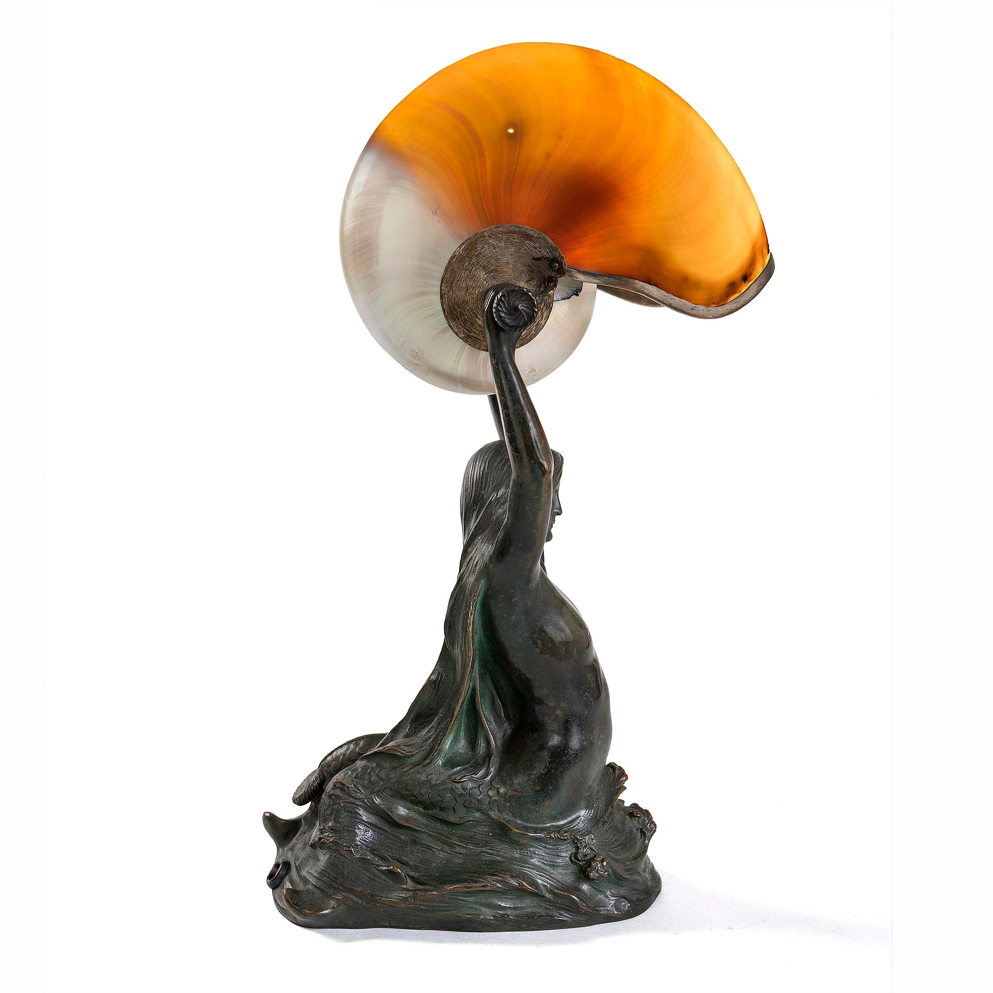 Tiffany Studios New York Nautilus Table Lamp With Mermaid Base - Handcrafted Stained Glass Lamp for Home Decor, Living Room, Bedroom Lighting