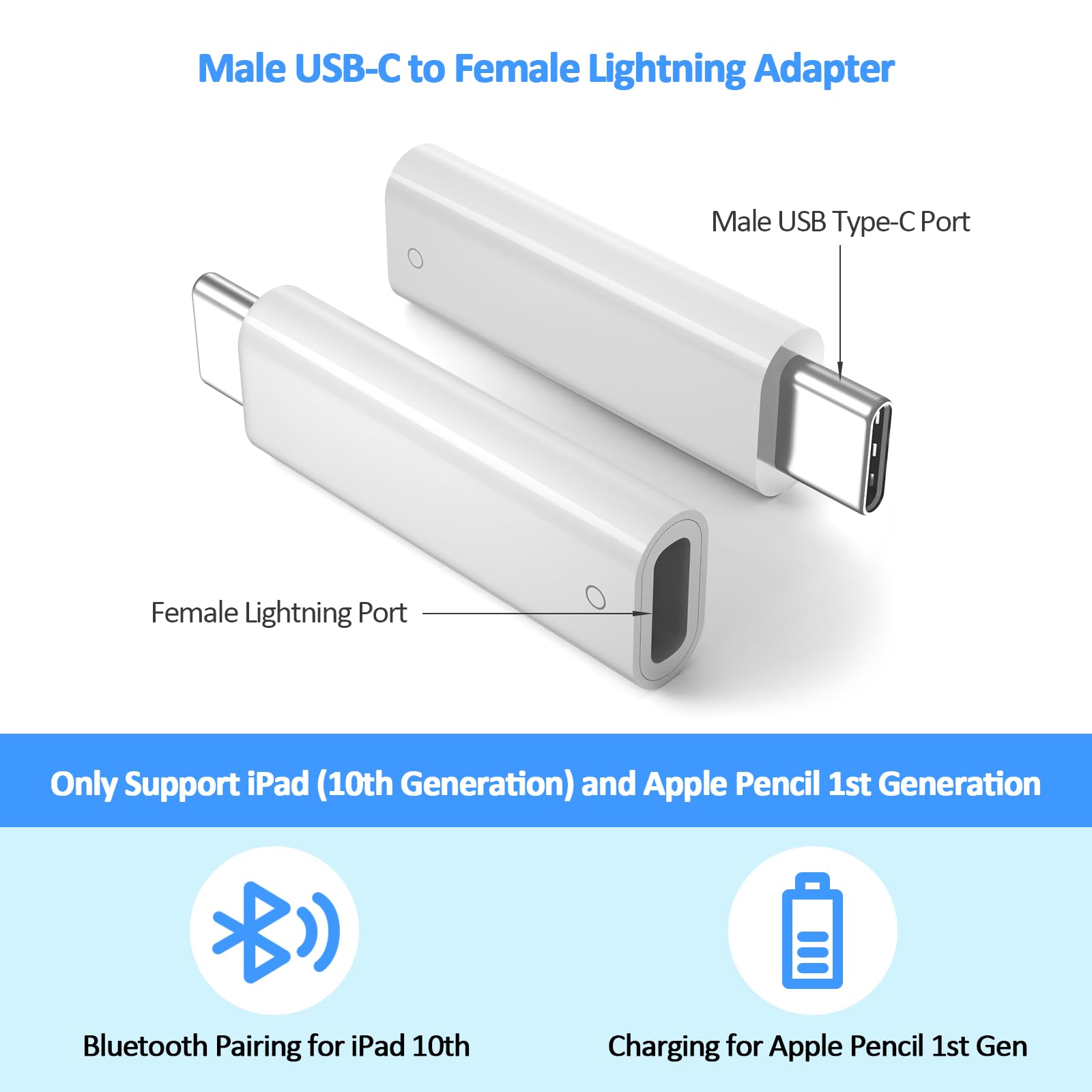 Apple Pencil 1st Generation USB-C to Lightning Adapter - Fast Charging Connector for iPad 10th Generation | Perfect for Digital Artists, Students & Professionals (Works with iPad Air 4th/5th Gen & iPad Pro)