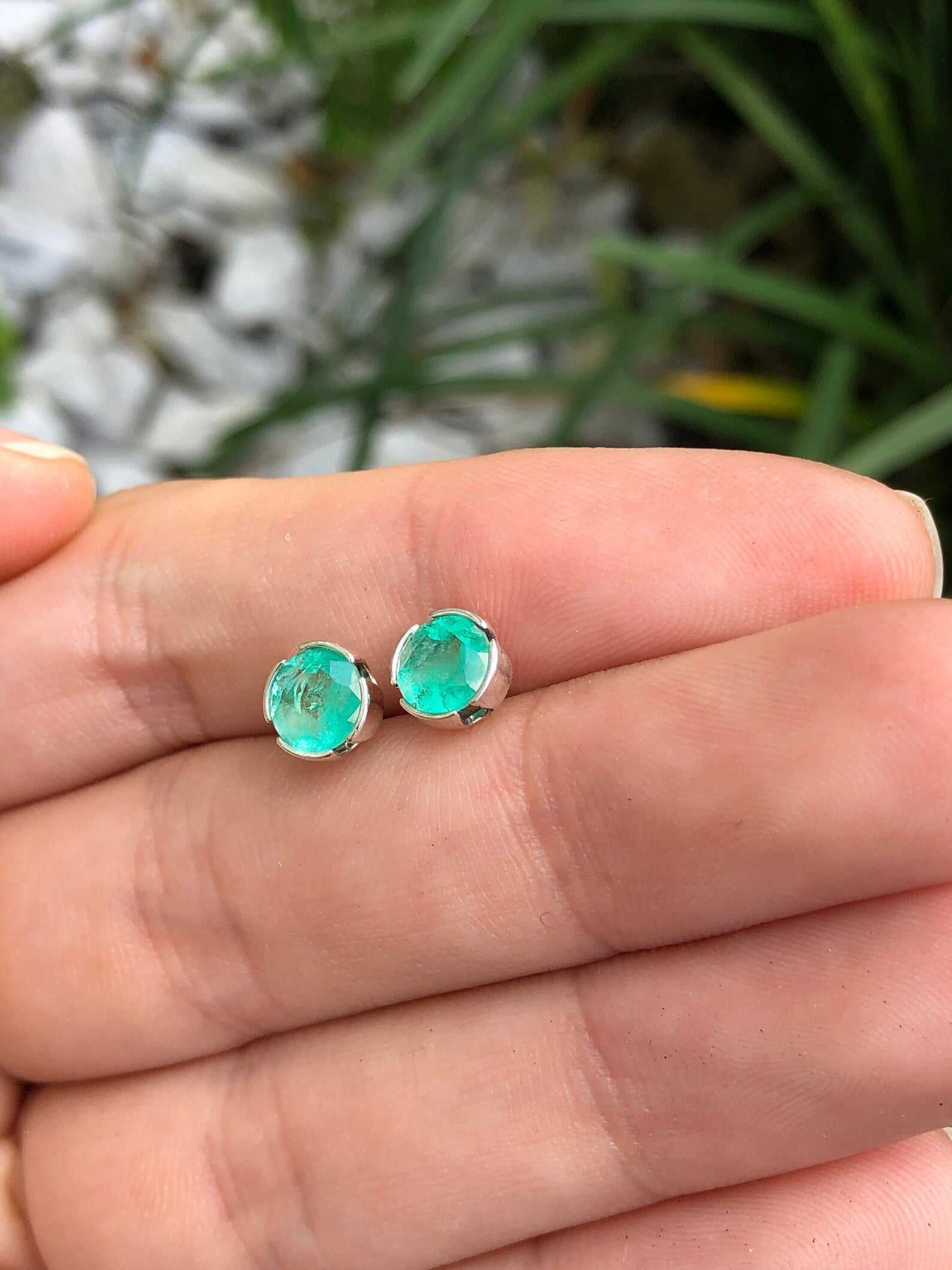 1.50tcw Round Natural Emerald Silver Stud Earrings - Dainty Semi Bezel Setting for Women - Perfect for Everyday Wear, Office & Special Occasions