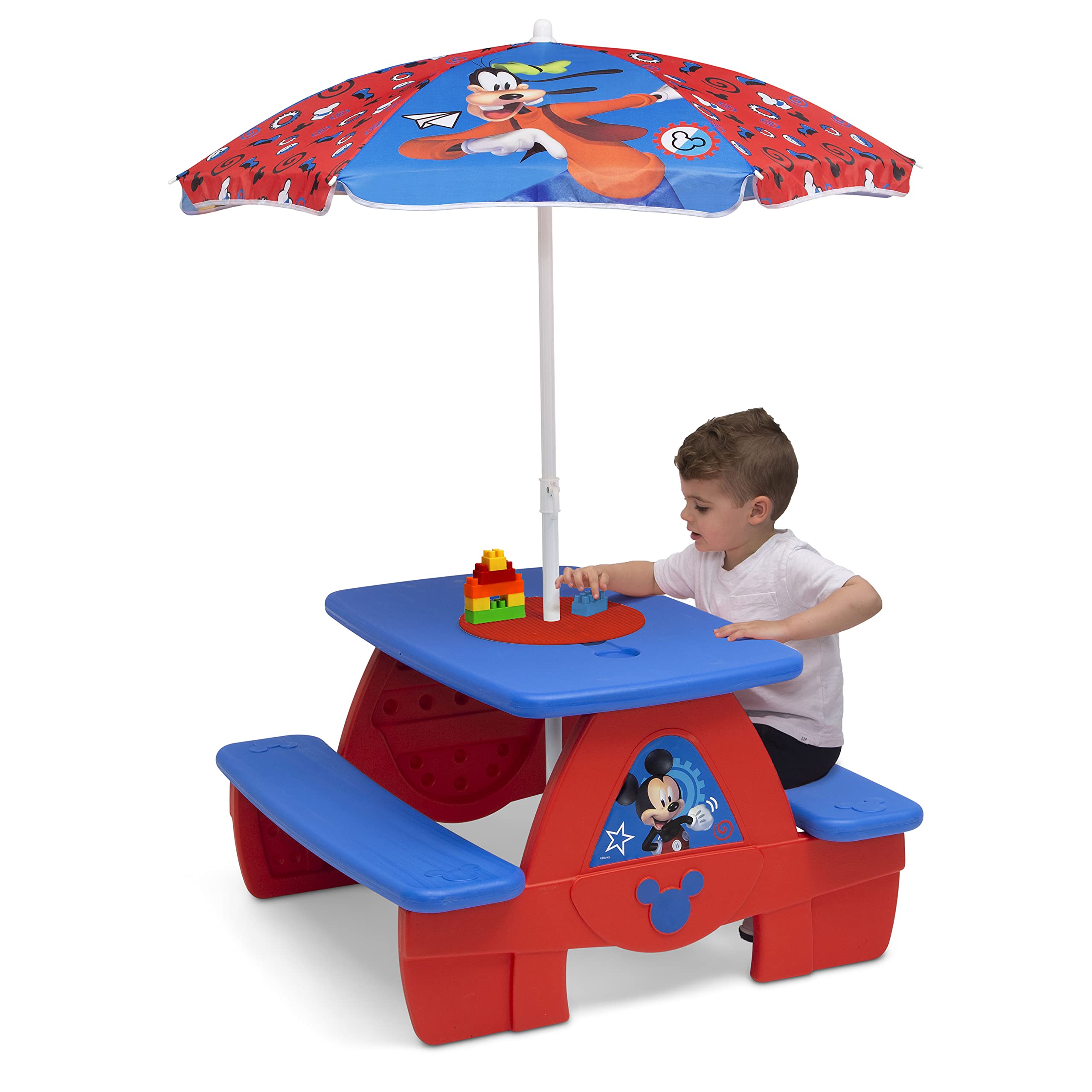 Disney Mickey Mouse 4-Seat Kids Picnic Table with Umbrella & LEGO-Compatible Tabletop - Outdoor Play, Birthday Parties, Backyard Fun by Delta Children
