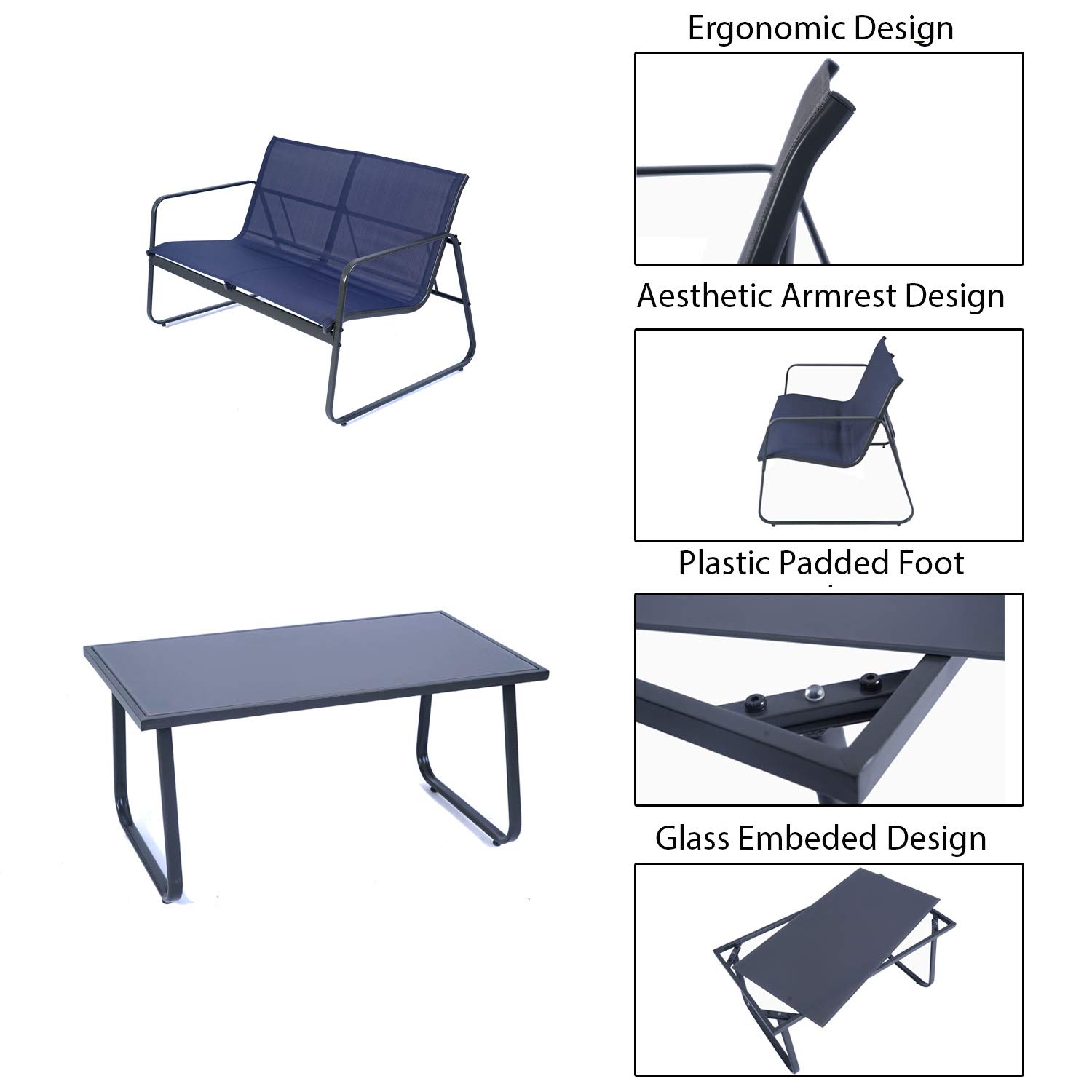 Kozyard Sofia 4-Piece Outdoor Patio Furniture Set - Powder Coated Metal Frame with 1 Loveseat, 2 Chairs & Table for Porch, Balcony, Backyard (Navy Blue) - Perfect for Relaxing, Entertaining & Outdoor Dining