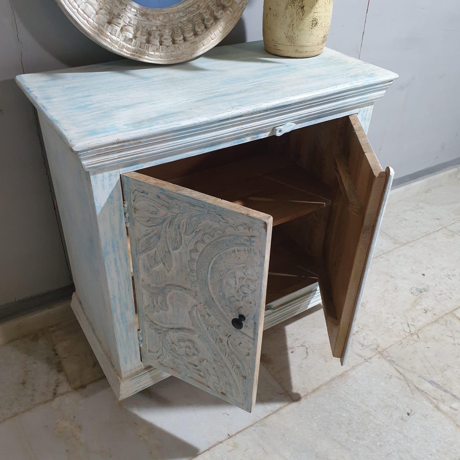 Handmade Carved Indian Solid Mango Wood Cabinet - 2 Door Bluewash Storage Furniture for Living Room, Bedroom & Entryway Decor