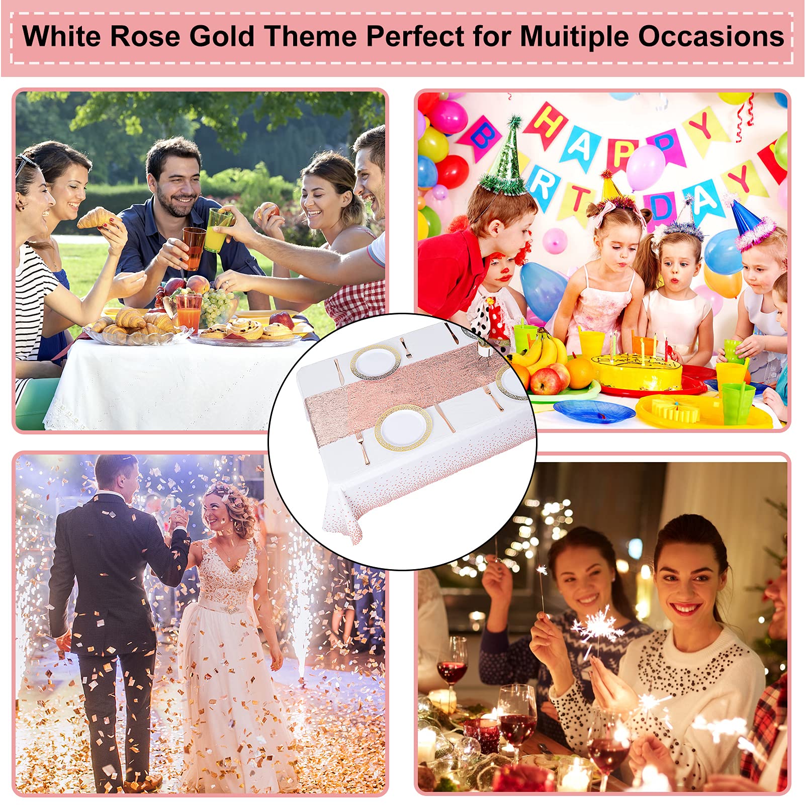 Rose Gold Sequin Table Runner Set - White & Rose Gold Party Decorations, Disposable Plastic Tablecloth for Wedding, Birthday, Anniversary - Perfect for Dining Tables, Buffets, and Special Events