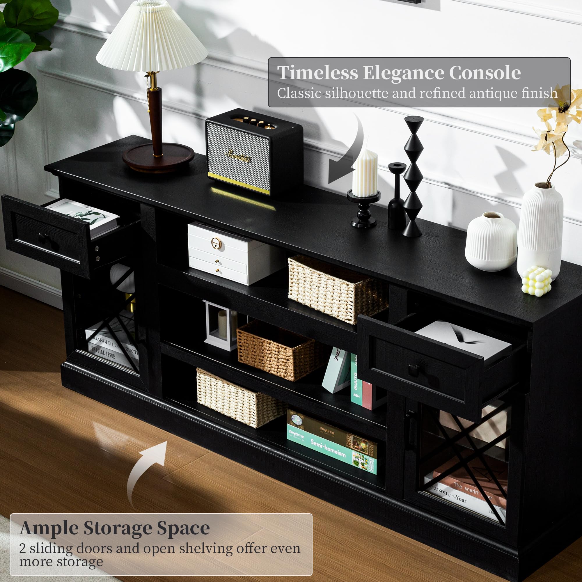70 Inch Modern Farmhouse TV Stand for 80 Inch TVs - Wooden Entertainment Center with LED Lights & Glass Doors - Living Room & Bedroom Storage Cabinet (Black) | Perfect for Home Theater Setup & Media Organization