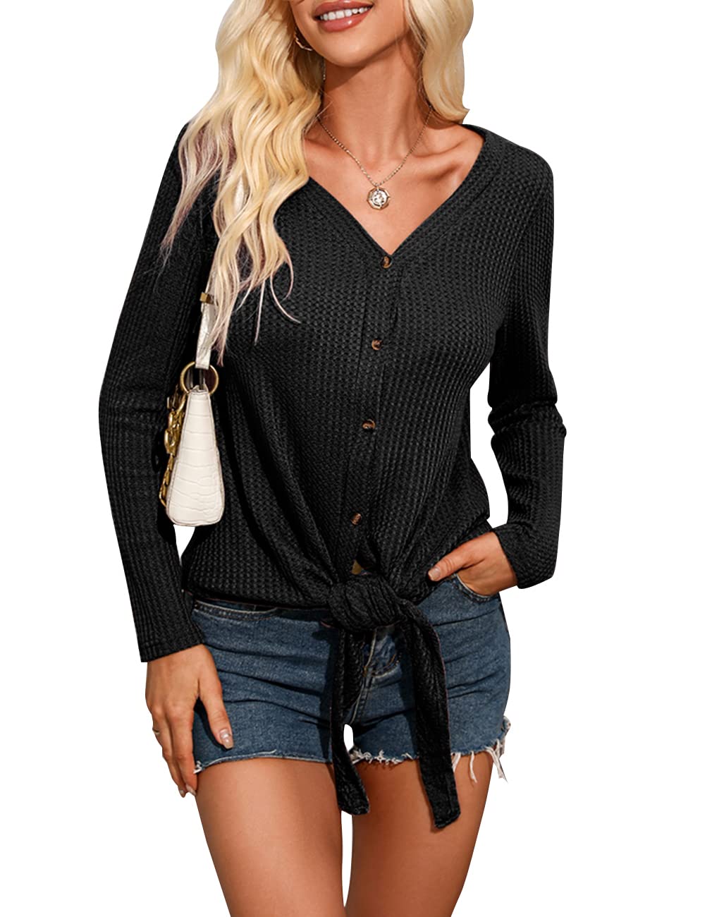 Women's Waffle Knit Tunic Top - Casual Loose Batwing Henley Blouse with Tie Knot Detail | Perfect for Everyday Wear, Office Outfits & Weekend Relaxation
