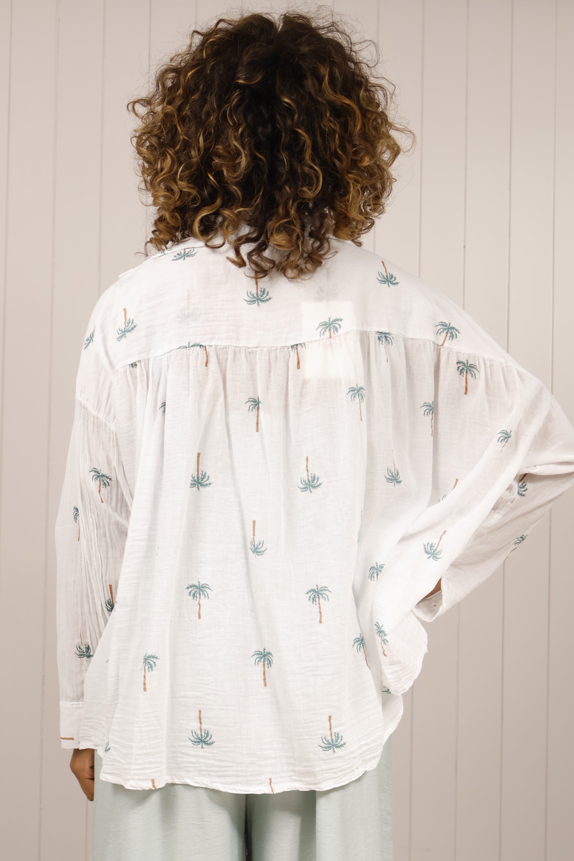 White Palm Print Blouse for Women - Elegant Floral Blouse for Casual Wear, Office & Summer Outfits