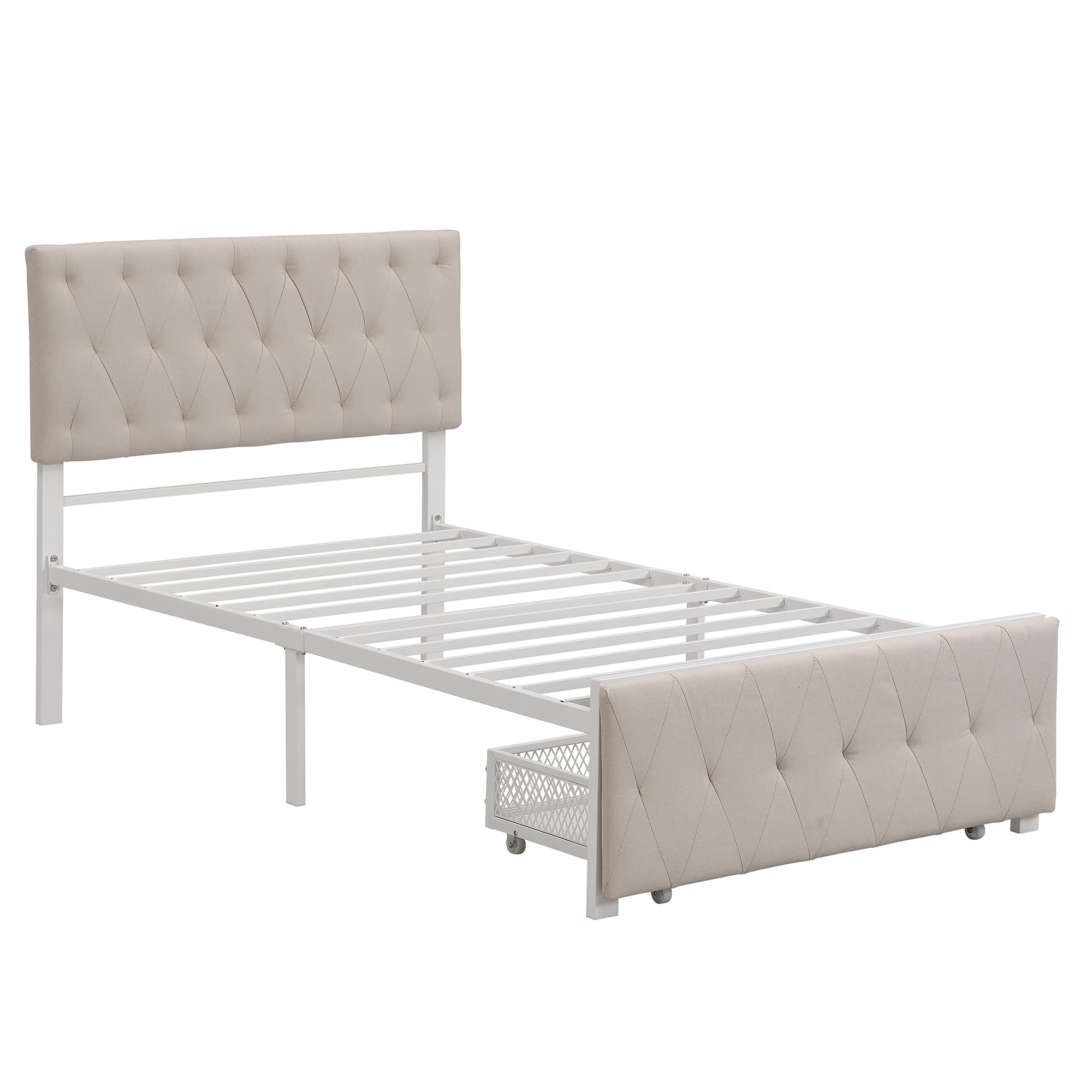 Knocbel Twin Size Metal Platform Bed Frame with Linen Upholstered Headboard & Storage Drawers - 13 Heavy Duty Slat Support, No Box Spring Needed - Space-Saving Bedroom Solution for Small Apartments, Dorms & Guest Rooms