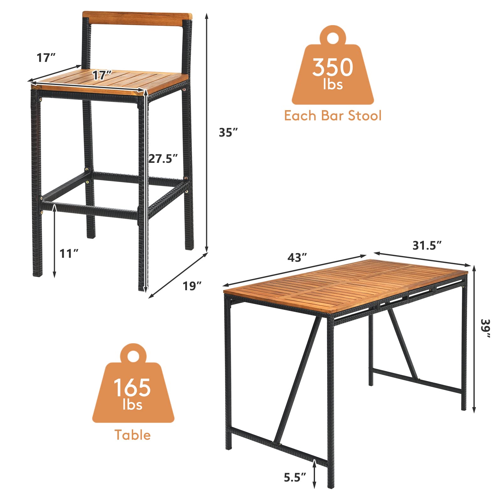 Tangkula 5-Piece Acacia Wood Outdoor Bar Set with Umbrella Hole - Black Rectangular Bar Table & 4 Rattan Bar Stools for Patio, Garden, Backyard Dining & Entertaining