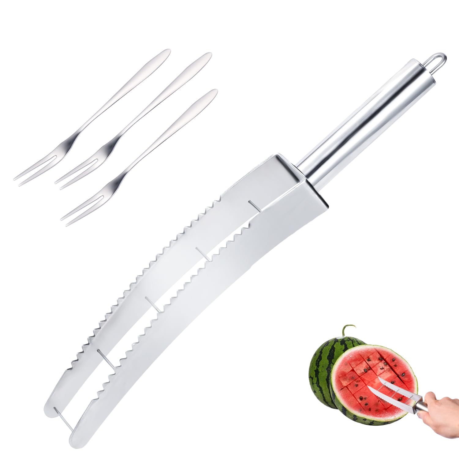 Premium Stainless Steel Watermelon Cutter with 3 Fruit Forks - Quick & Easy Melon Cube Slicer for Kitchen - Perfect for Summer BBQs, Picnics, and Fruit Salad Preparation