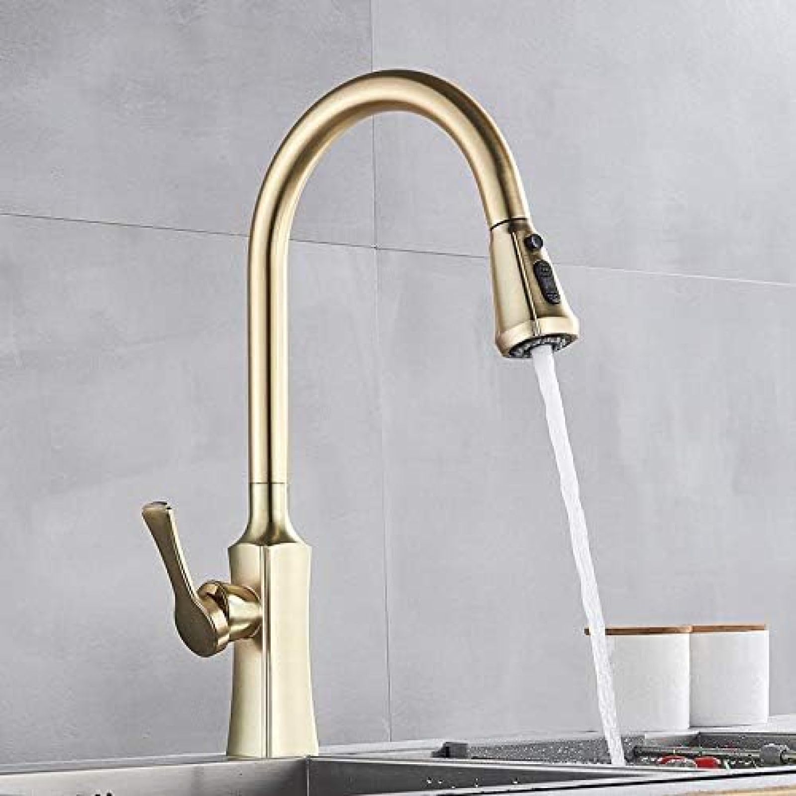 CRJUS Brushed Gold Kitchen Faucet - Hot and Cold Water Mixer with Pull Out Sprayer, 2 Function Brass Spout for Modern Kitchens | Perfect for Cooking, Washing Dishes & Food Prep