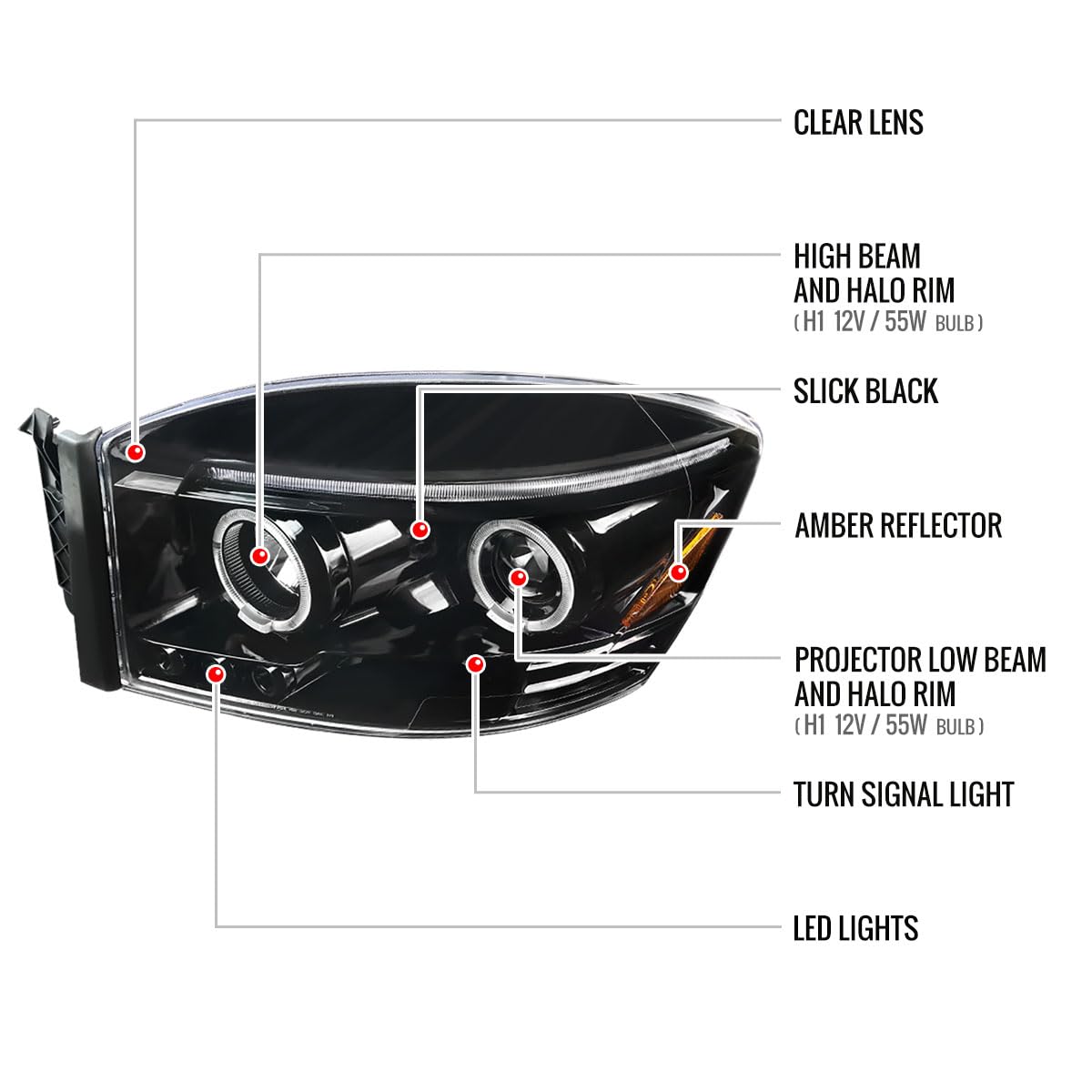 Black Pearl Dodge Ram 06-09 1500 2500 3500 Clear Halo Projector Headlights - Upgrade Your Night Driving with Enhanced Visibility & Style