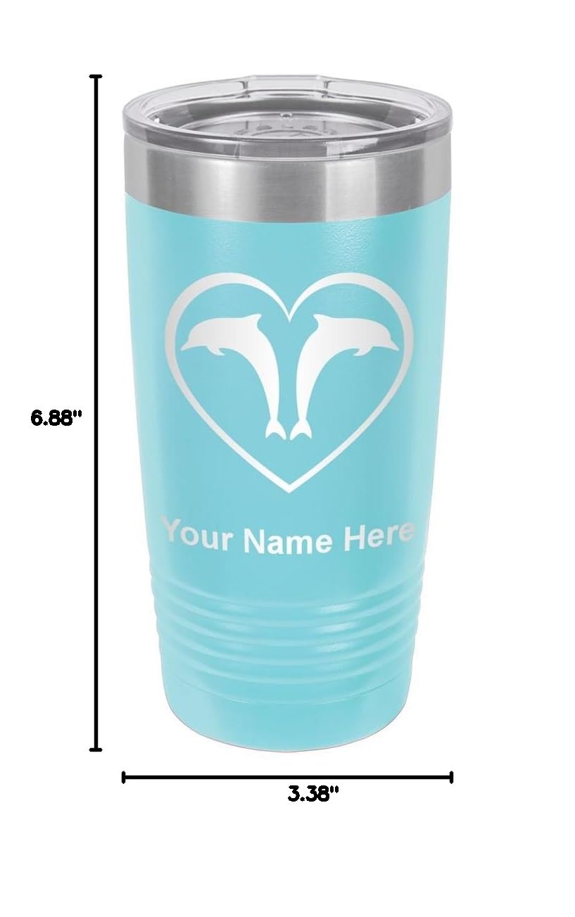 LaserGram 20oz Vacuum Insulated Stainless Steel Tumbler with Lid - Personalized Engraved Dolphin Heart Design (Light Blue) - Keeps Drinks Hot/Cold for Hours - Perfect for Coffee, Tea, Office, Travel & Outdoor Activities