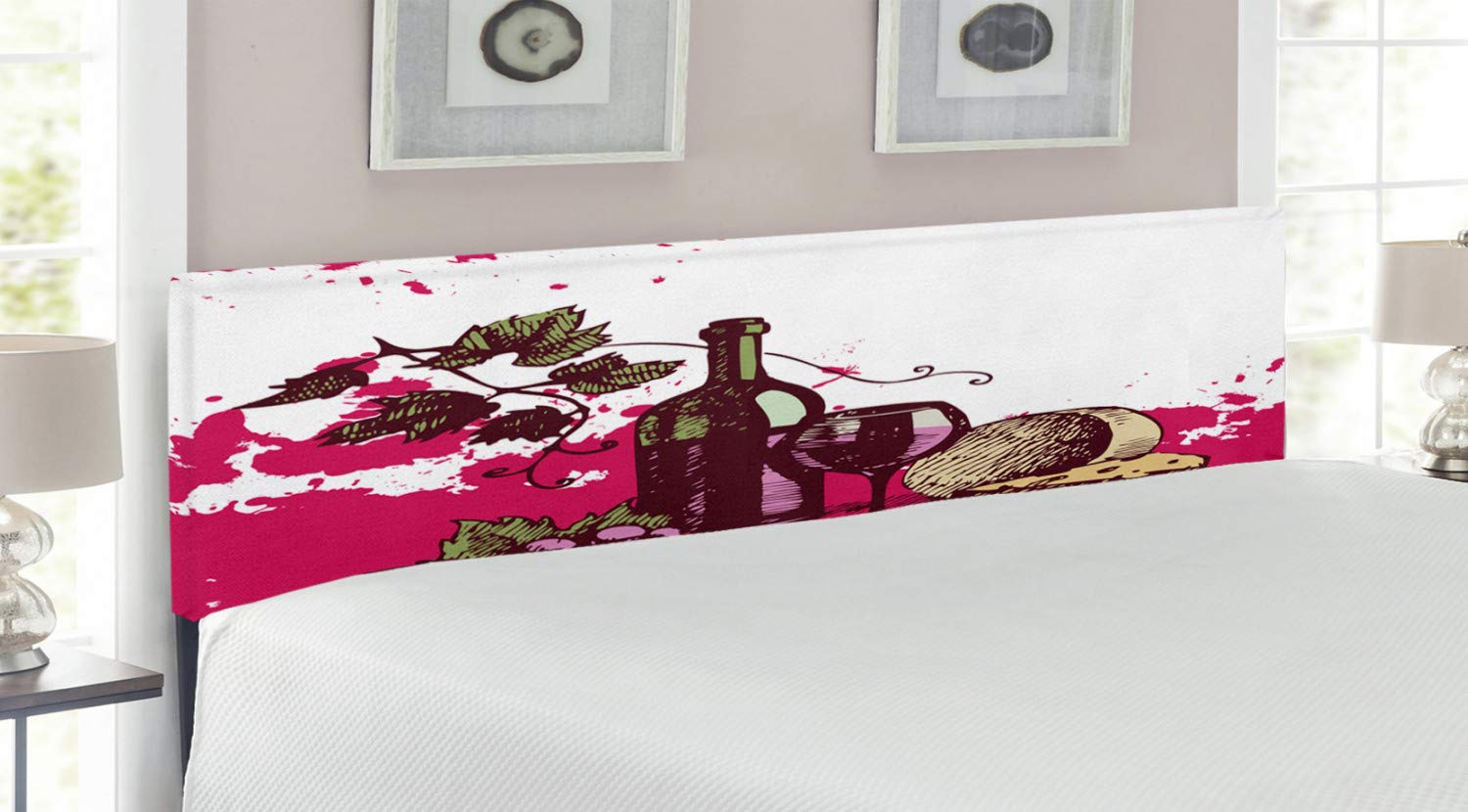 Ambesonne Vintage Wine Headboard - King Size Upholstered Metal Bed Frame with Memory Foam | Olive Green & Hot Pink Abstract Cheese & Fruit Design | Perfect for Master Bedroom, Guest Room & Wine Lover's Home Decor