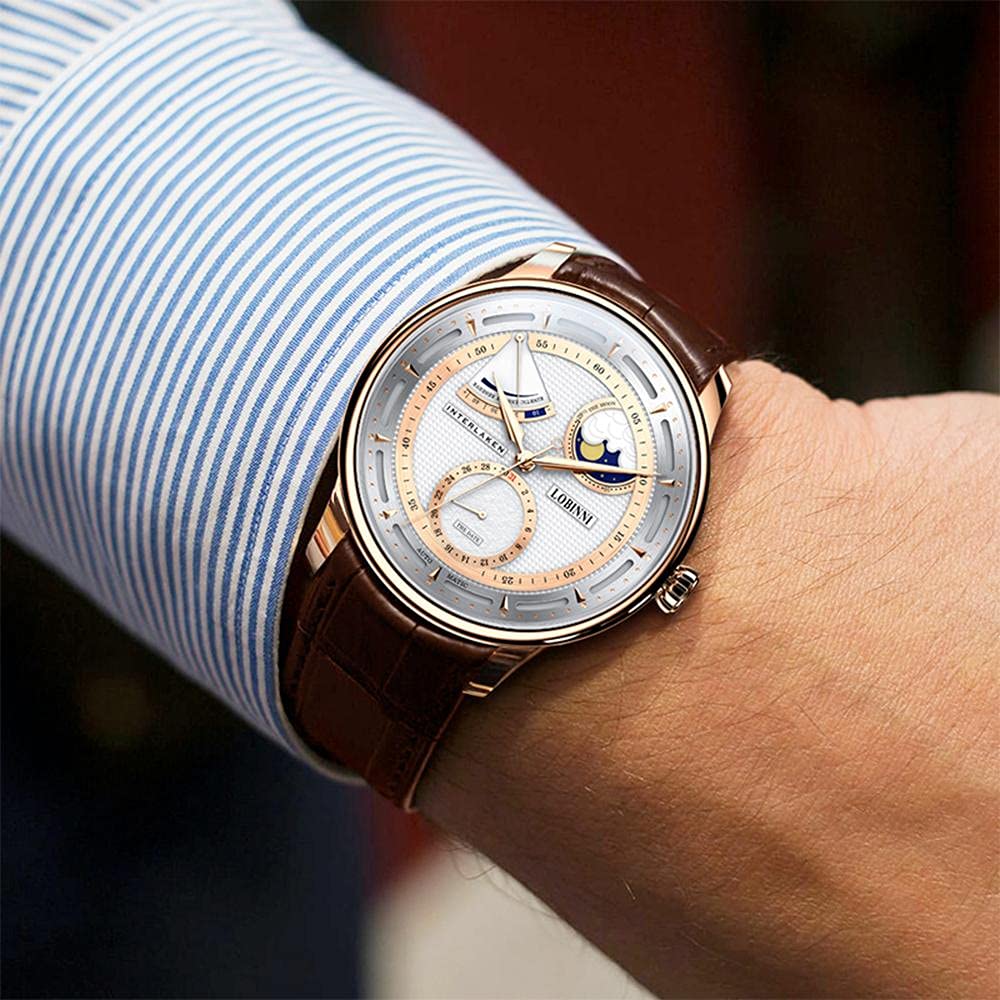 LOBINNI Men's Moon Phase Automatic Mechanical Watch - Waterproof Luxury Dress Wristwatch for Business & Formal Occasions