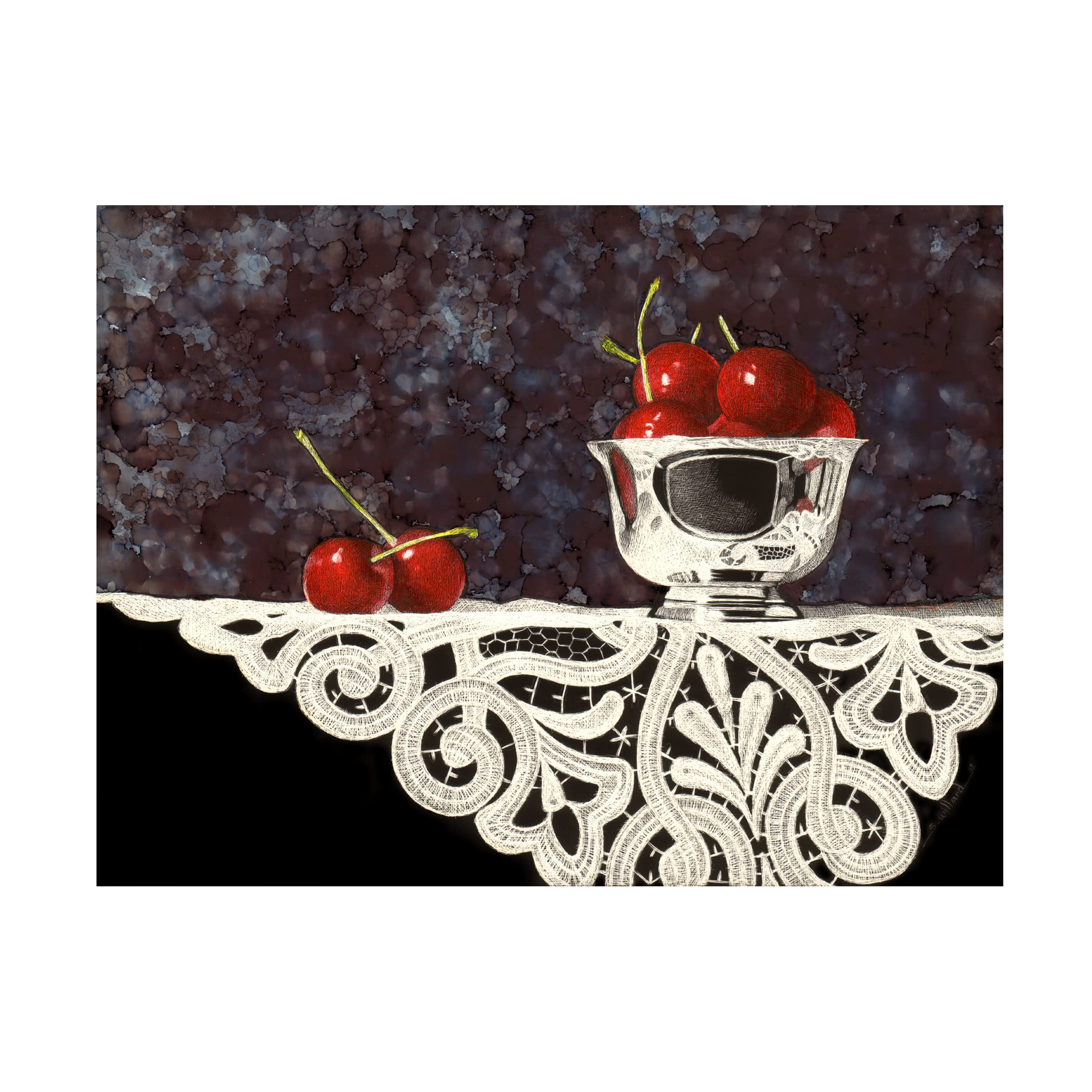 Trademark Fine Art 'Bowl Of Cherries With Lace' Canvas Wall Art Print by Sandra Willard - Vibrant Fruit Still Life Painting for Kitchen, Dining Room & Home Decor