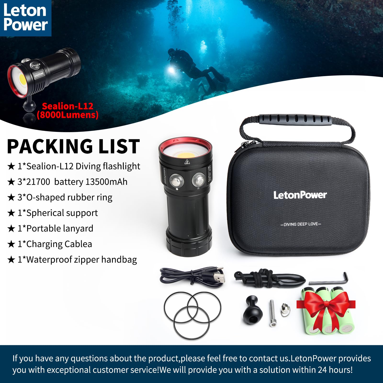 8000 Lumens Professional Diving Flashlight L12 - 100m Waterproof Scuba Light with Type-C Charging - Perfect for Underwater Photography, Cave Diving & Night Snorkeling