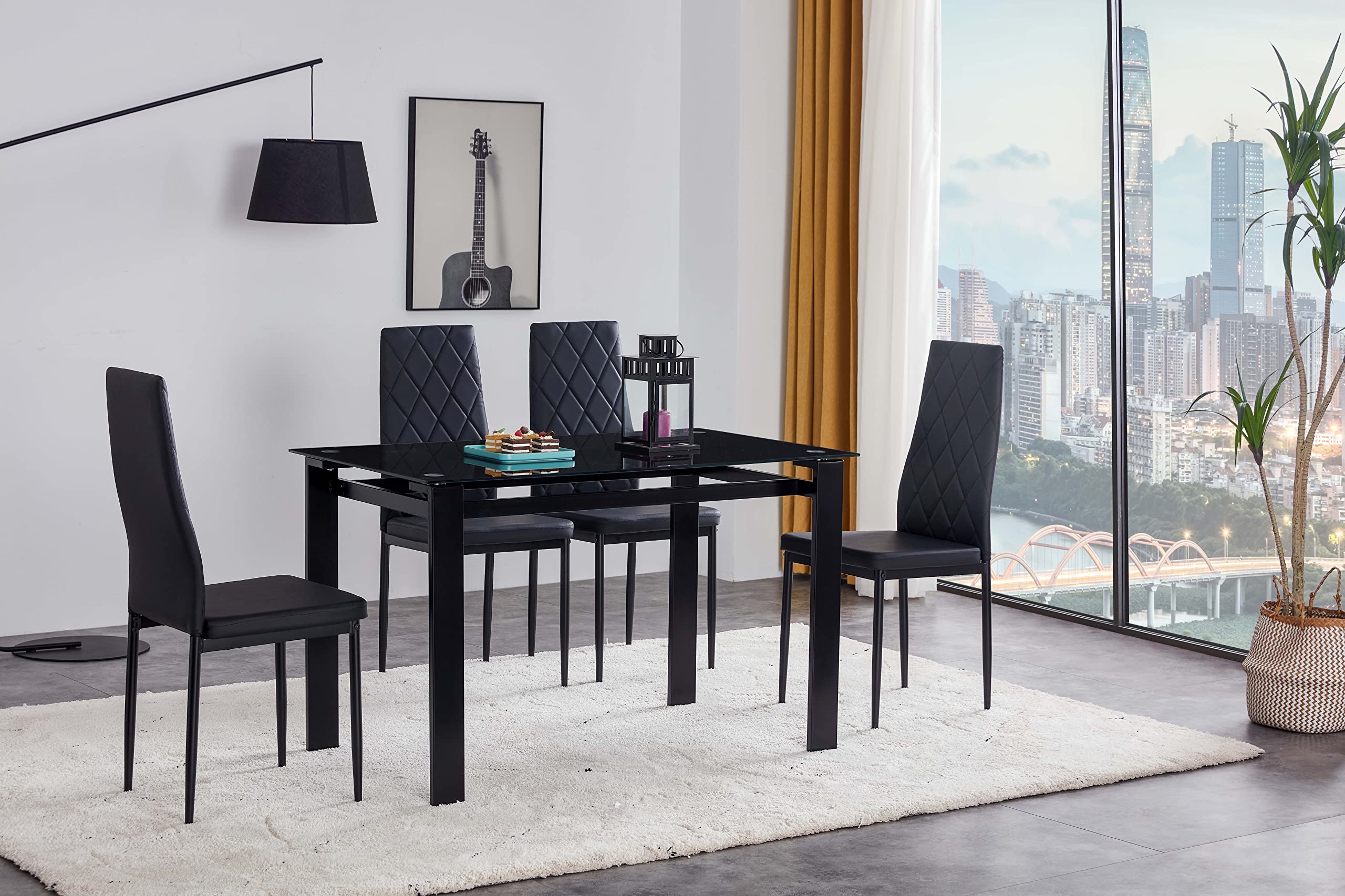 IANIYA 5-Piece Tempered Glass Dining Table Set - Transparent Table & Black Chairs, Modern Kitchen Room Furniture, 2023 New Black Set 5 for Small Spaces and Compact Homes