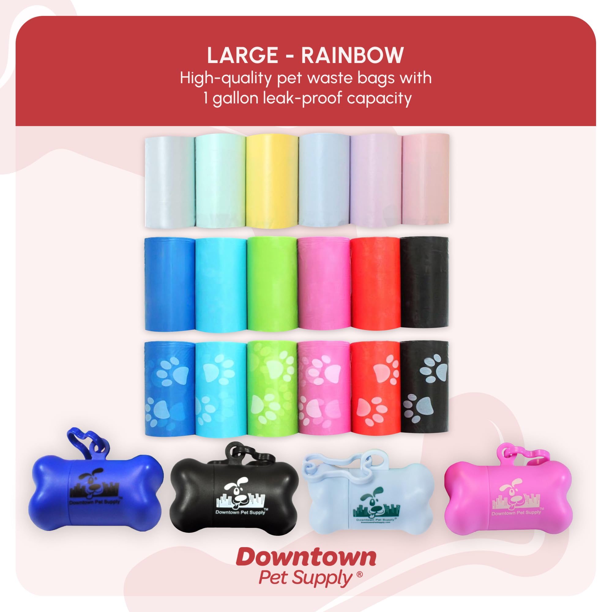 Downtown Pet Supply Dog Waste Bags - 1000 Count Rainbow Poop Bags with 2 Leash Dispensers | Leak-Proof, Unscented Dog Poop Bags for Easy Cleanup During Walks, Hikes & Park Visits