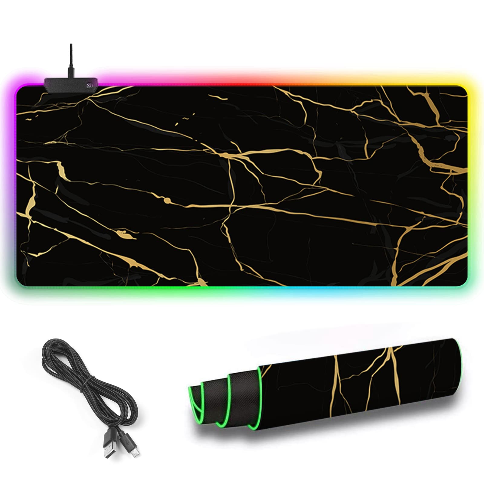 Roxooze Extra Large RGB Gaming Mouse Pad - 35.43 x 15.75 Inch Non-Slip Rubber Base, Ultra Smooth Waterproof Surface, LED Desk Mat for PC Laptop Gamers (Black Marble) | Perfect for Esports, Office Work & Home Computer Setup