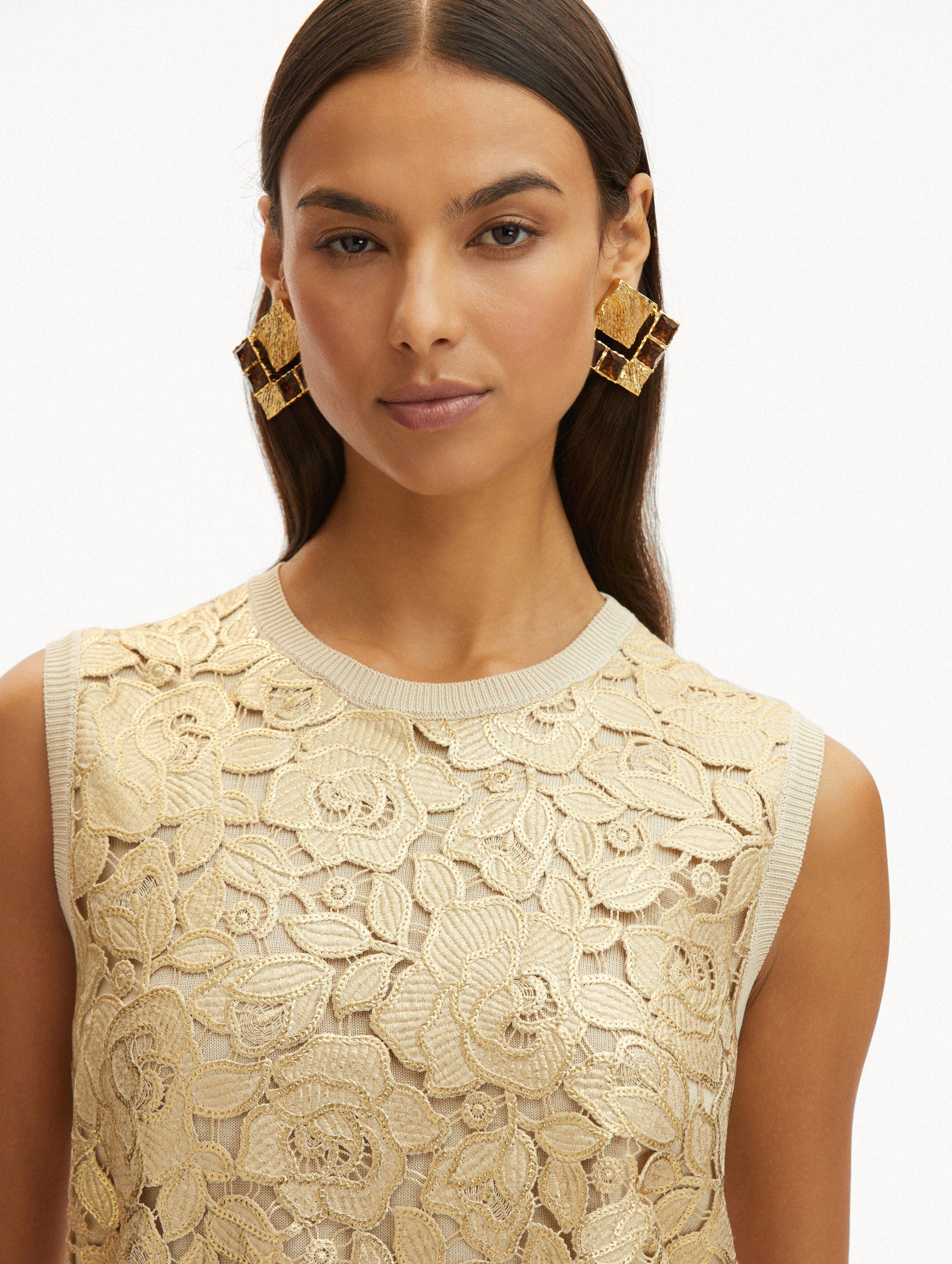 Elegant Gold Foil English Rose Inset Tank Top - Women's Vintage Floral Blouse for Casual Wear, Date Night & Summer Outfits