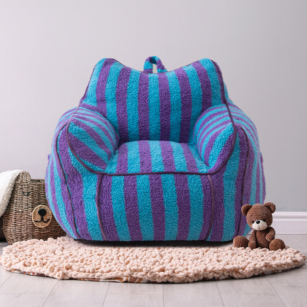 MAXYOYO Sherpa Kids Bean Bag Chair - Soft & Cozy Bean Bag Couch with Decorative Edges for Boys & Girls, Perfect for Bedroom, Playroom or Reading Nook (Stripe Blue)