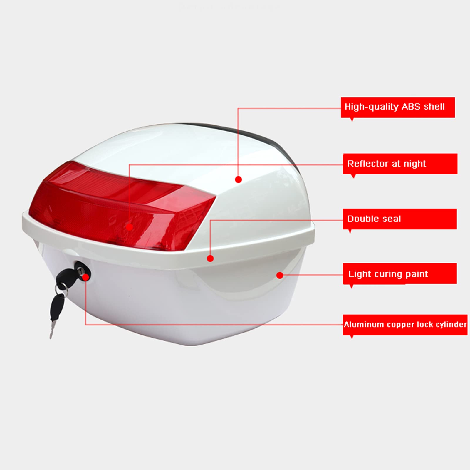Motorcycle Tail Box - Durable ABS Scooter Trunk with Reflectors & Backrest, Includes Lock & 2 Keys (Heroic Red) - Perfect for Motorcycle Touring, Commuting & Storage
