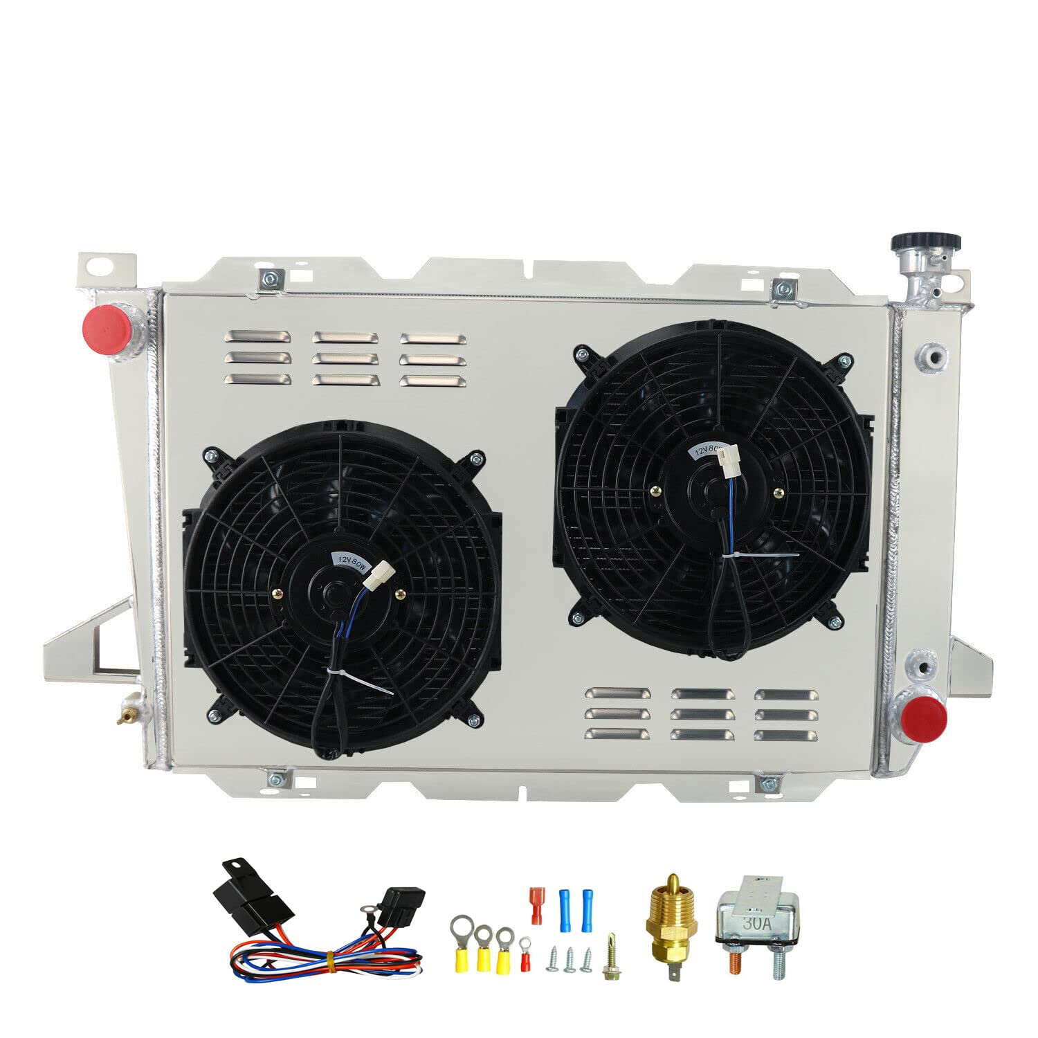1985-1997 Ford Bronco F150 F250 F350 4.9L L6 4-Row Aluminum Radiator with Shroud, Fan & Relay Kit - Heavy Duty Cooling Upgrade for Off-Roading, Towing & Hot Weather Driving