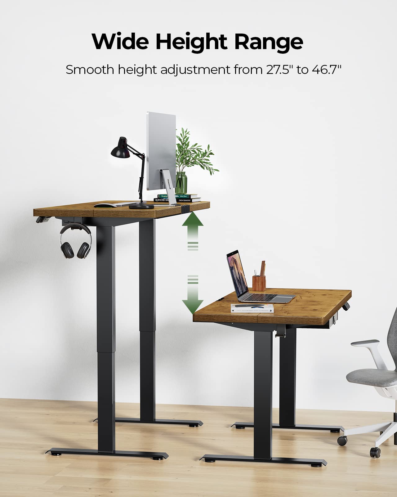 Marsail 48 Inch Adjustable Height Standing Desk with Storage - Rustic Brown Finish for Home Office, Gaming & Workspace Ergonomics