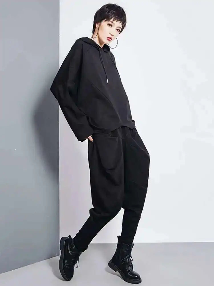 Black Asymmetrical Hem Hooded Sweatshirt for Women - Oversized Long Sleeve Pullover | Trendy Spring & Fall Fashion 2025 | Casual Wear, Street Style, Lounge Outfits