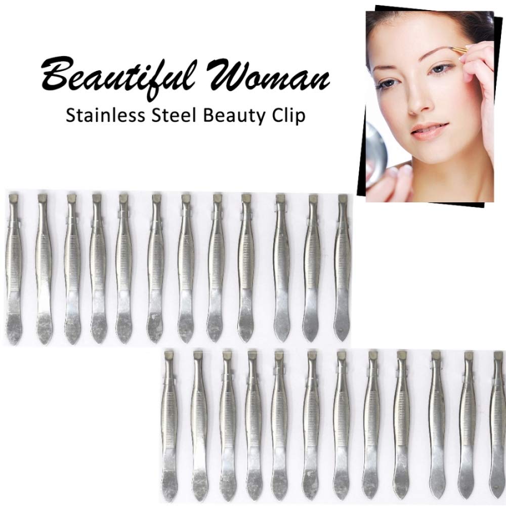 Adbeni Slant Tip Tweezers for Hair Removal & Eyebrows - 24 Pack Professional Hair Plucker Set - Perfect for Salon, Spa, Home Use and Travel Grooming Kit