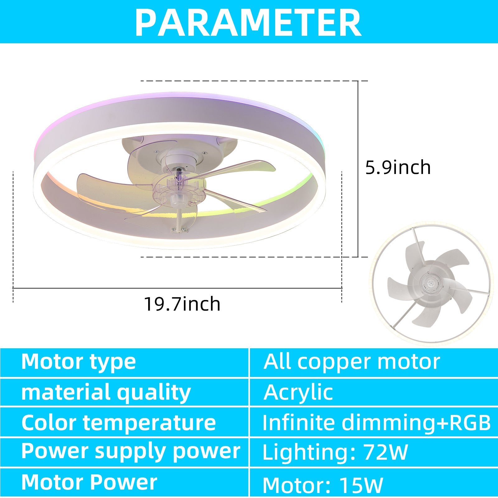 19.7 Inch RGB LED Ceiling Fan with Light - 3 Color Temperatures, 6 Speed Adjustable, Reversible Rotation for Bedroom, Living Room & Office