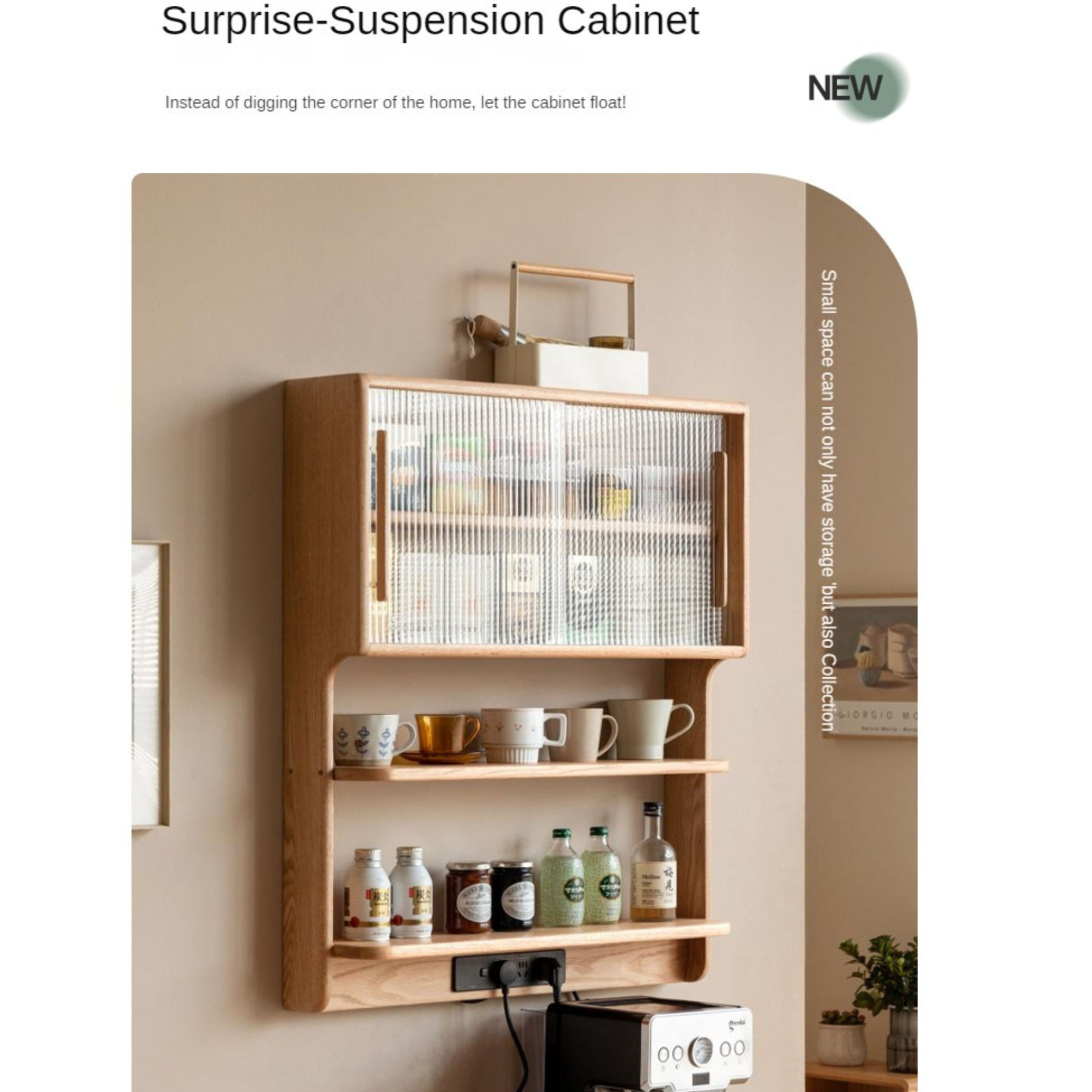 Solid Oak & Cherry Wood Wall Mounted Suspended Cabinet - Rustic Floating Shelf for Kitchen, Bathroom, Living Room Storage & Decor