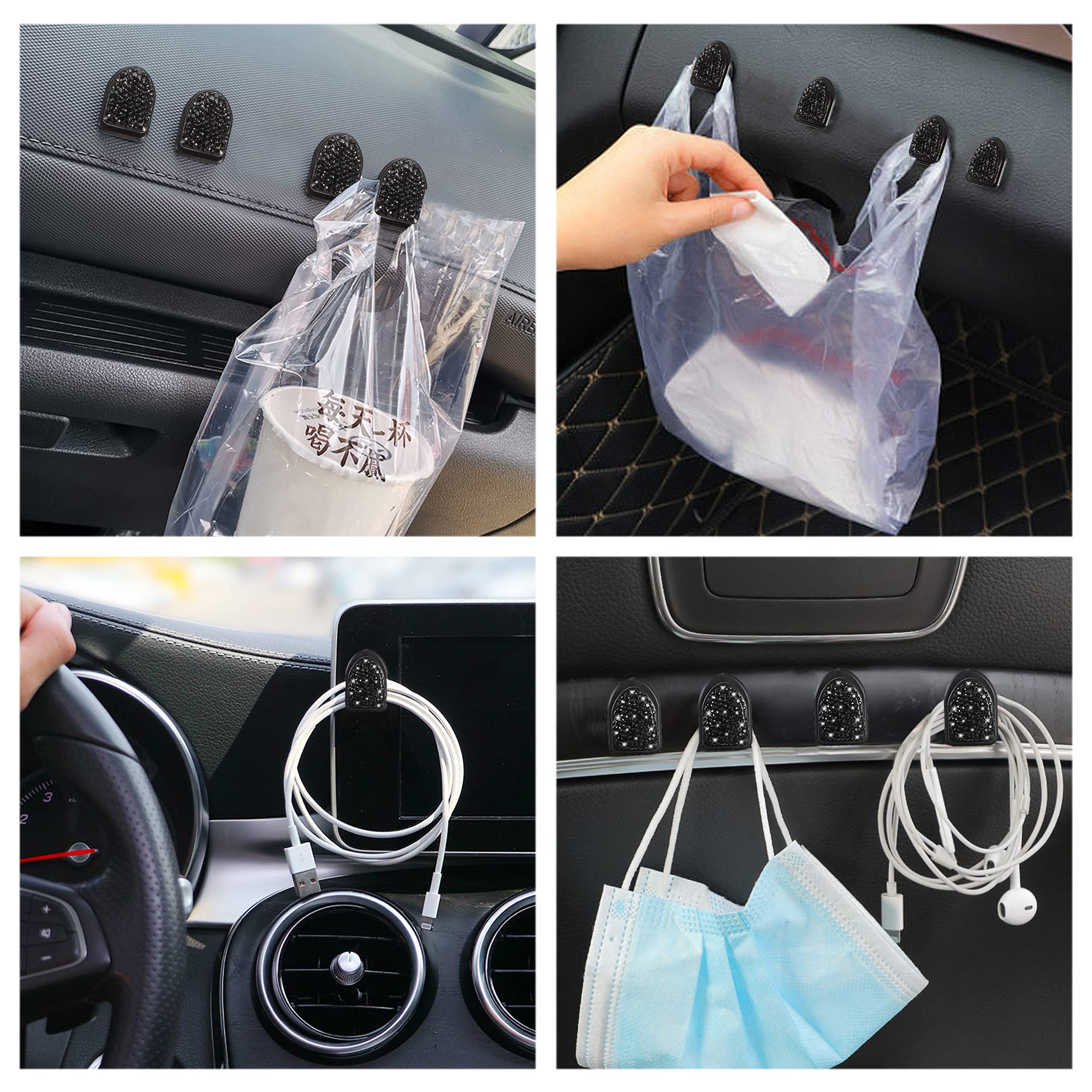 Winka Bling Car Hooks 4 Pack - Crystal Car Accessories for Keys & Sunglasses, Multifunctional Dashboard Hanging Storage Hook with Diamond Design, Universal Car Organizer (Black) - Perfect for Road Trips & Daily Commute